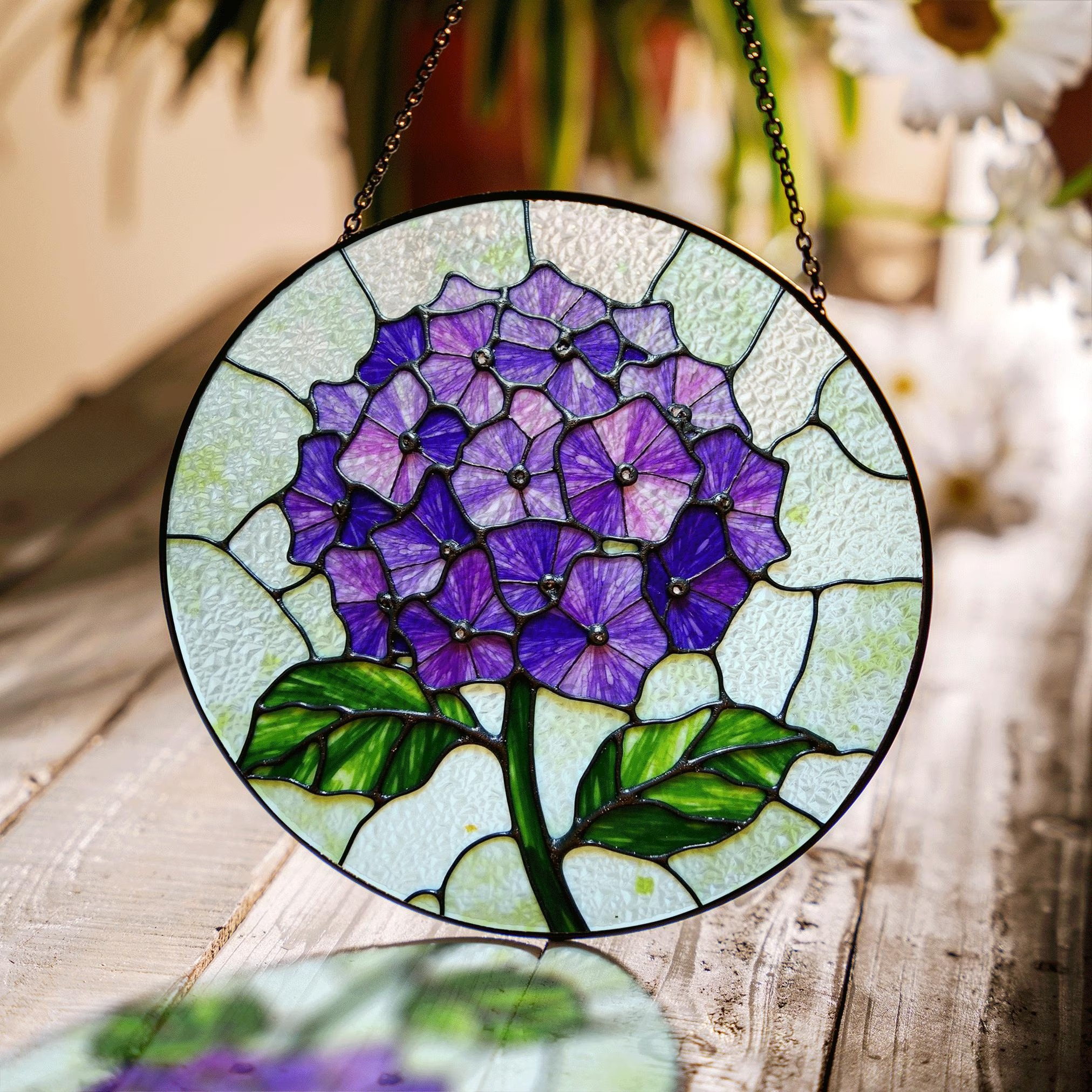 Purple Hydrangea Flower Stained Glass Suncatcher Window Decor Gift for Mom - image 1