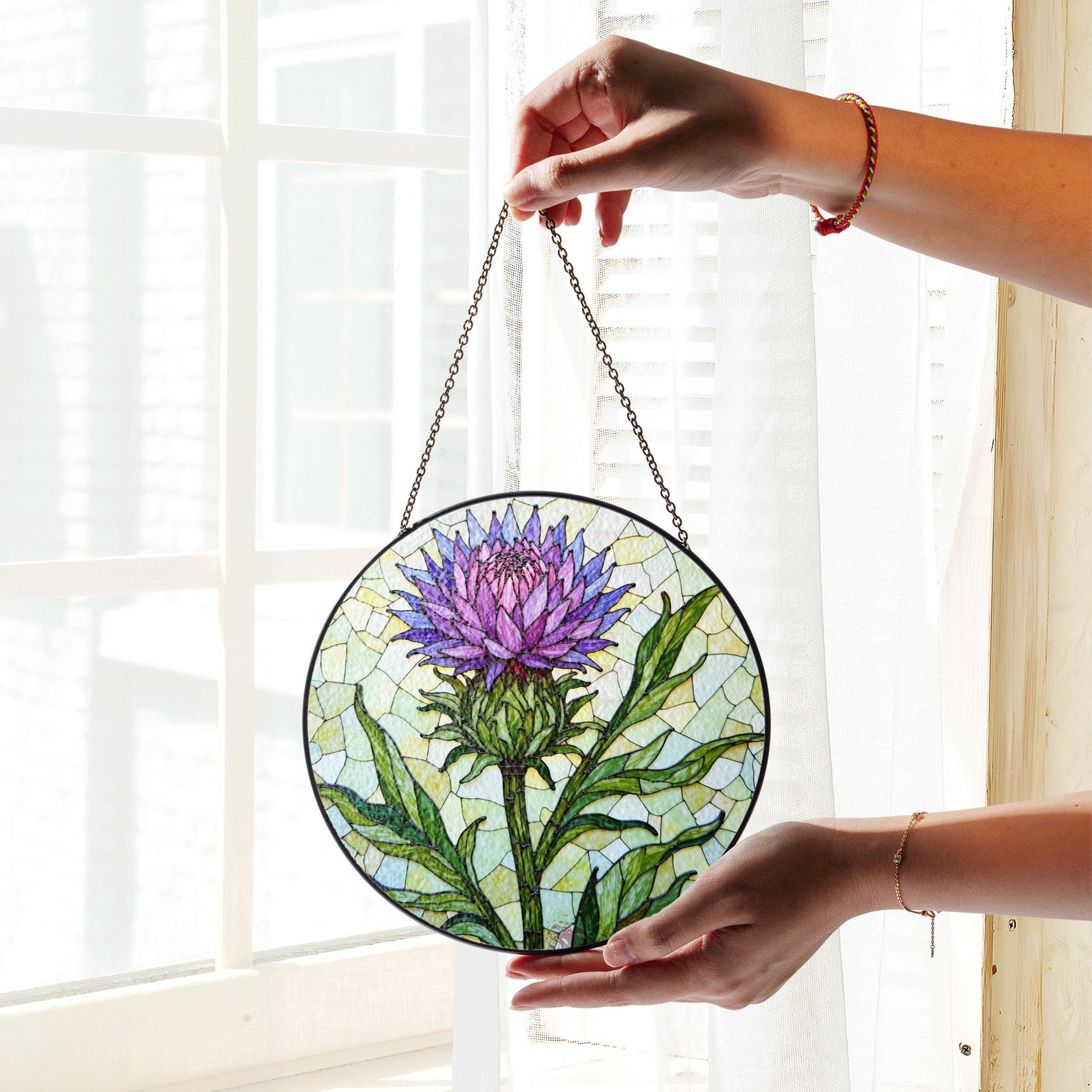 Purple Thistle Flower Stained Glass Window Hanging Suncatcher Gift for Botanical Art Lovers - image 3