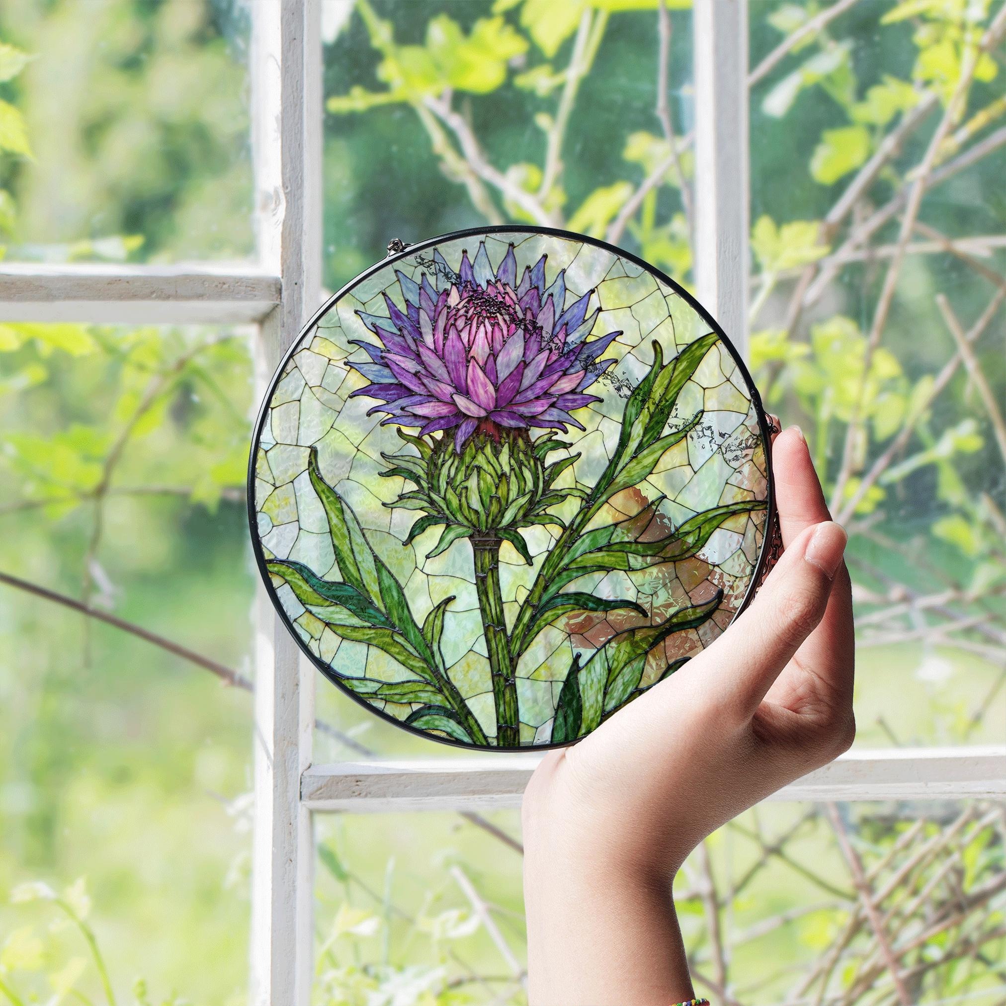 Purple Thistle Flower Stained Glass Window Hanging Suncatcher Gift for Botanical Art Lovers - image 4