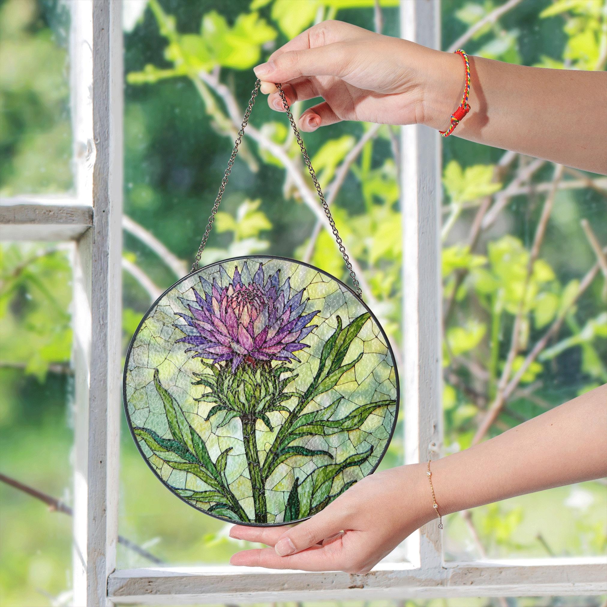Purple Thistle Flower Stained Glass Window Hanging Suncatcher Gift for Botanical Art Lovers - image 5