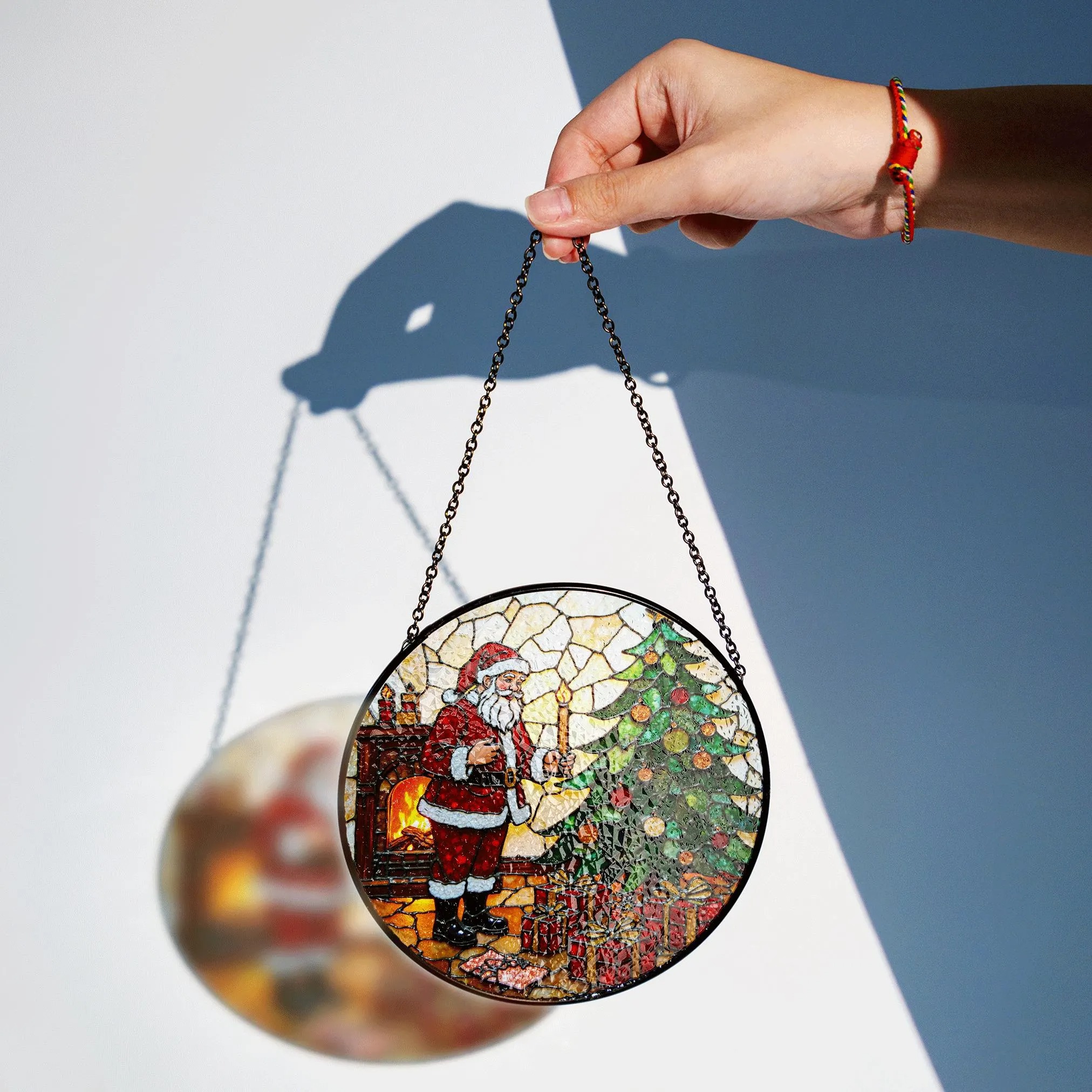Santa by Christmas Tree Round Glass Suncatcher Holiday Window Decor Christmas Gift for Mom - image 2
