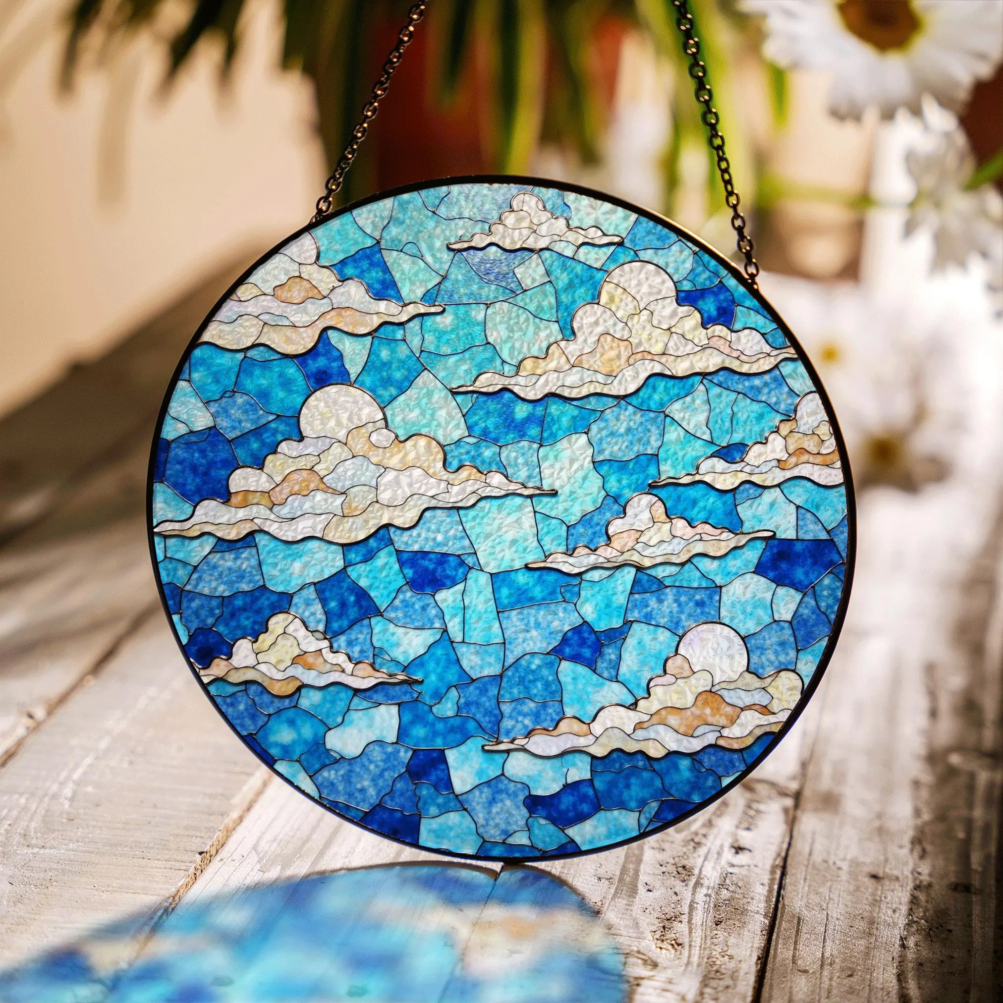 Stained Blue Sky Cloud Glass Suncatcher With Dreamy Layers of Light for Window Decor Gift for Sky Lovers - image 1