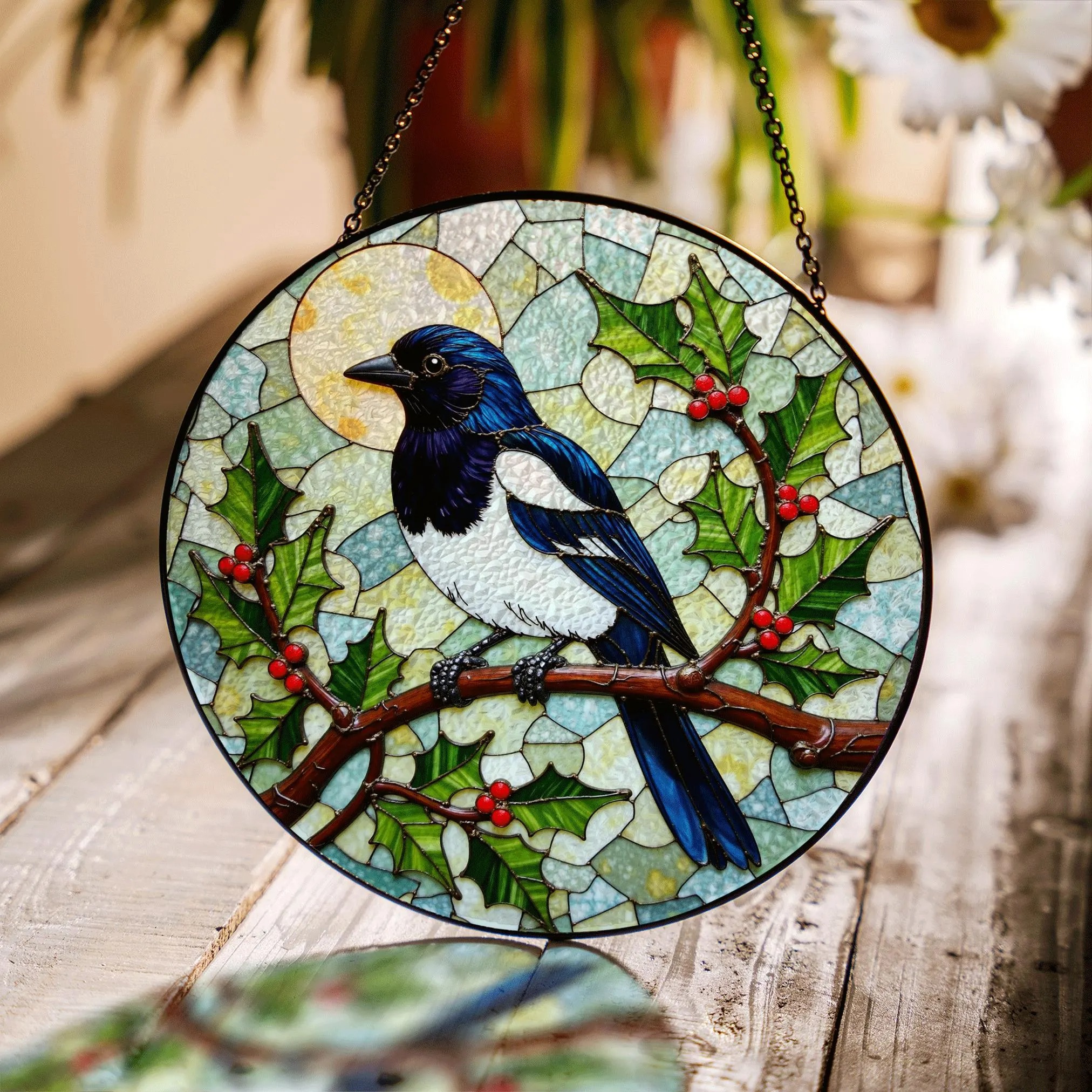 Stained Glass Magpie Suncatcher Window Hanging Bird Lover Gift Nature Decor - image 1