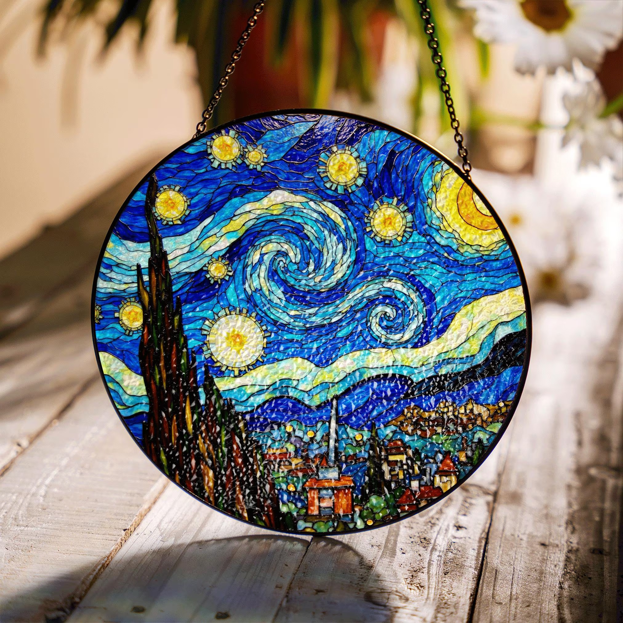 Stained Glass Starry Night Suncatcher Window Hanging Gift for Art Lovers - image 1