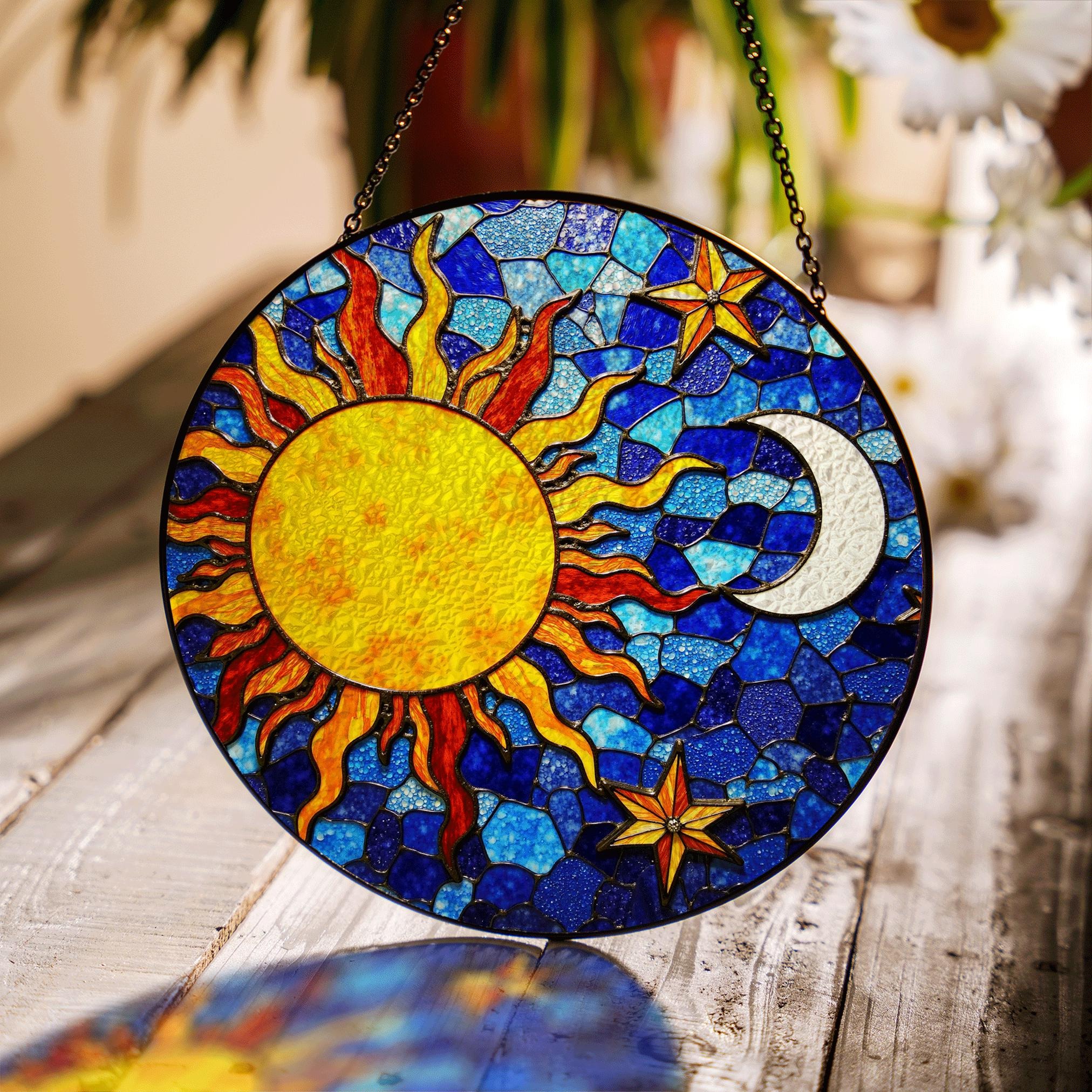 Sun and Moon Stained Glass Suncatcher in Blue and Yellow for Home Decor Gift - image 2