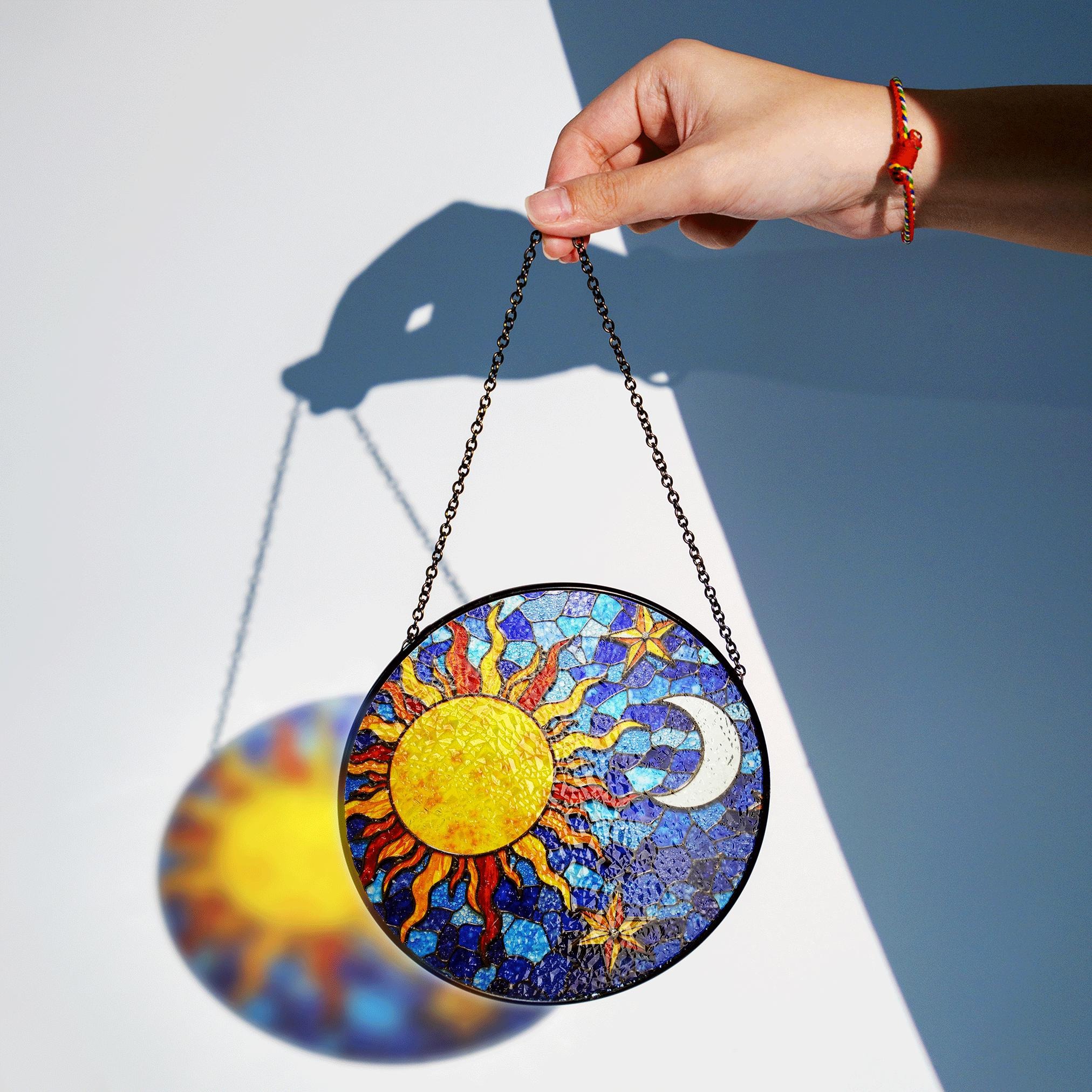Sun and Moon Stained Glass Suncatcher in Blue and Yellow for Home Decor Gift - image 3