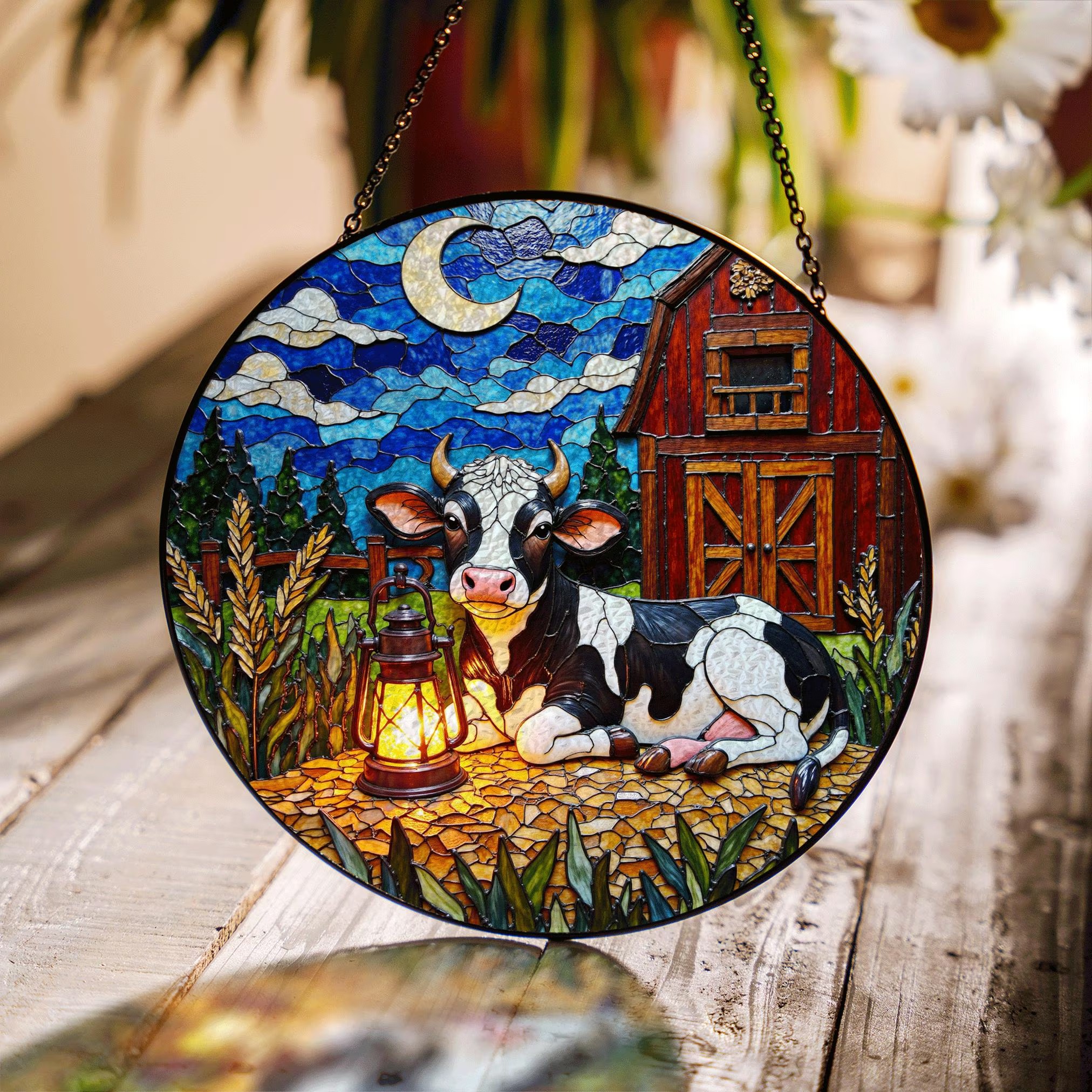 Suncatcher Stained Glass Cow and Barn Rustic Night Scene Gift for Mom Farmhouse Decor Birthday Gift - image 1