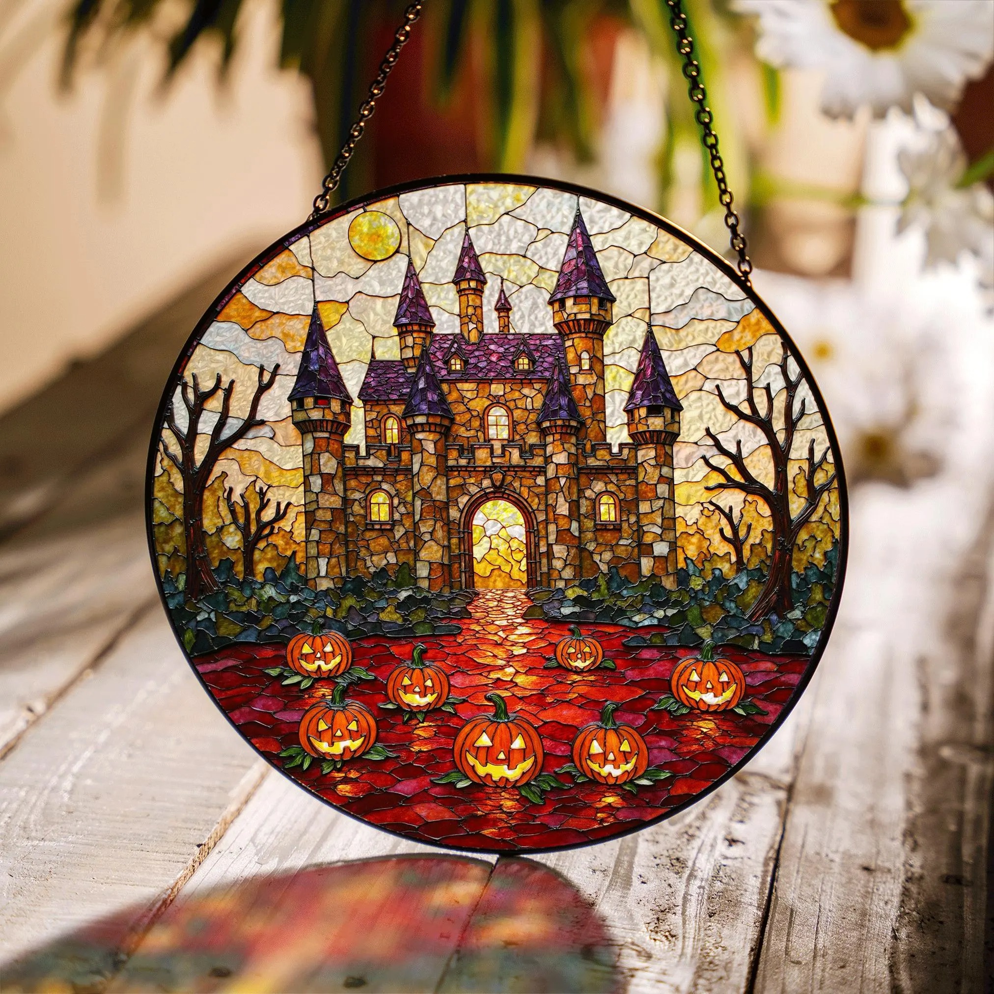 Suncatcher Stained Glass Haunted Castle With Pumpkins Halloween Gift for Mom or Spooky Home Decor - image 1