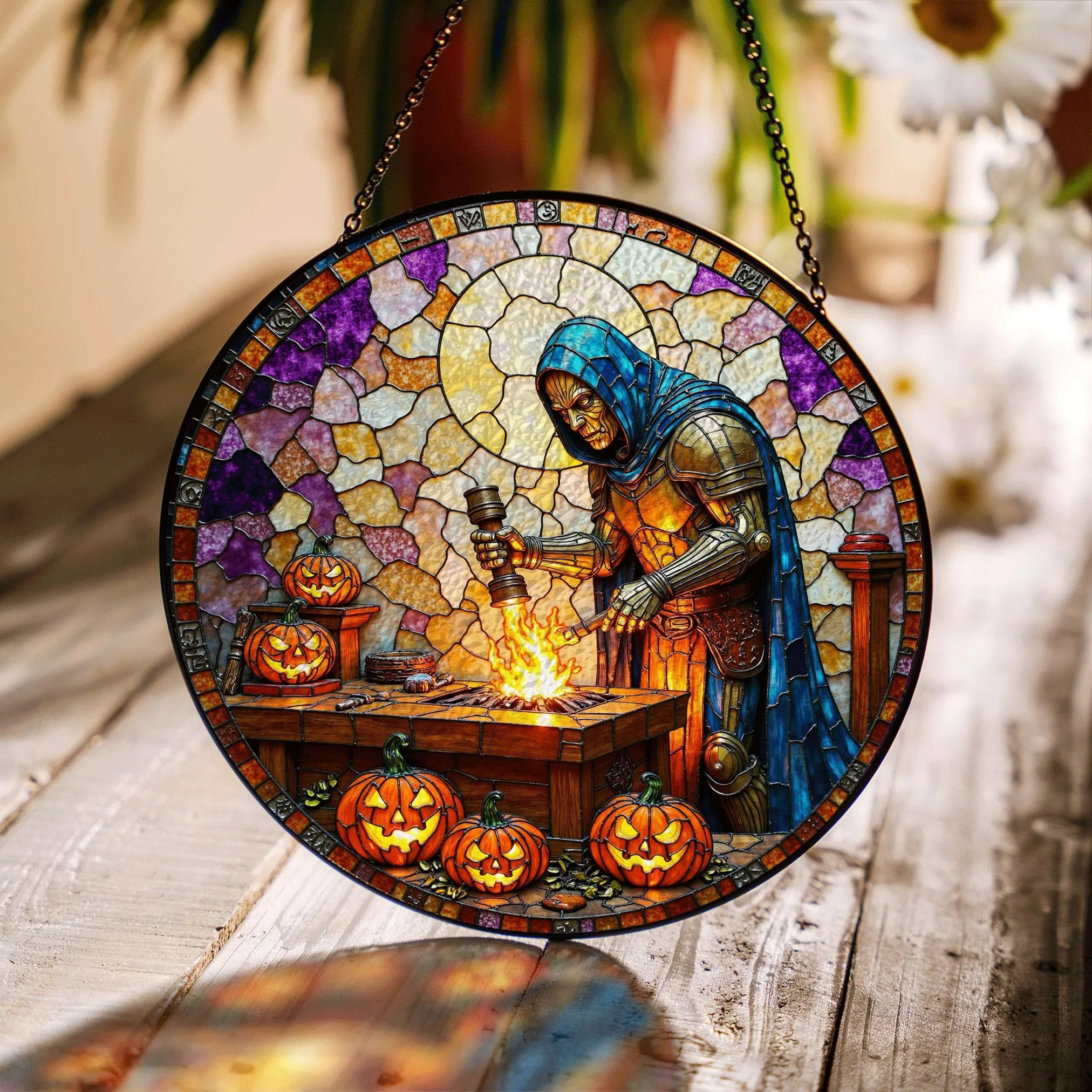 Suncatcher Stained Glass Knight Forging Sword With Pumpkins Halloween Gift - image 1