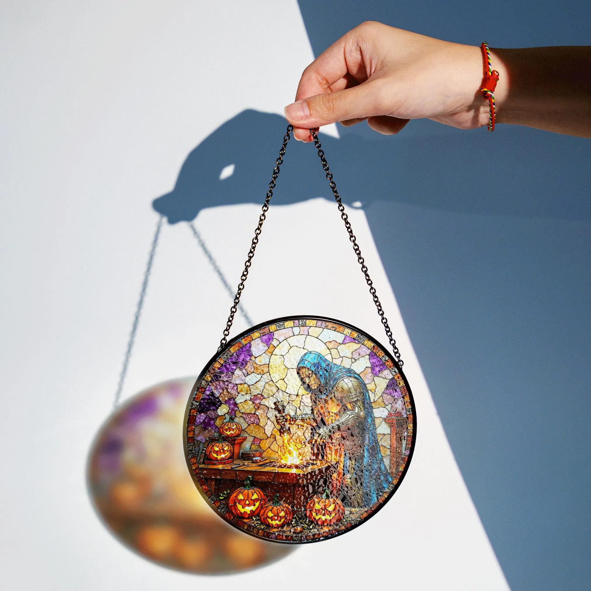 Suncatcher Stained Glass Knight Forging Sword With Pumpkins Halloween Gift - image 2