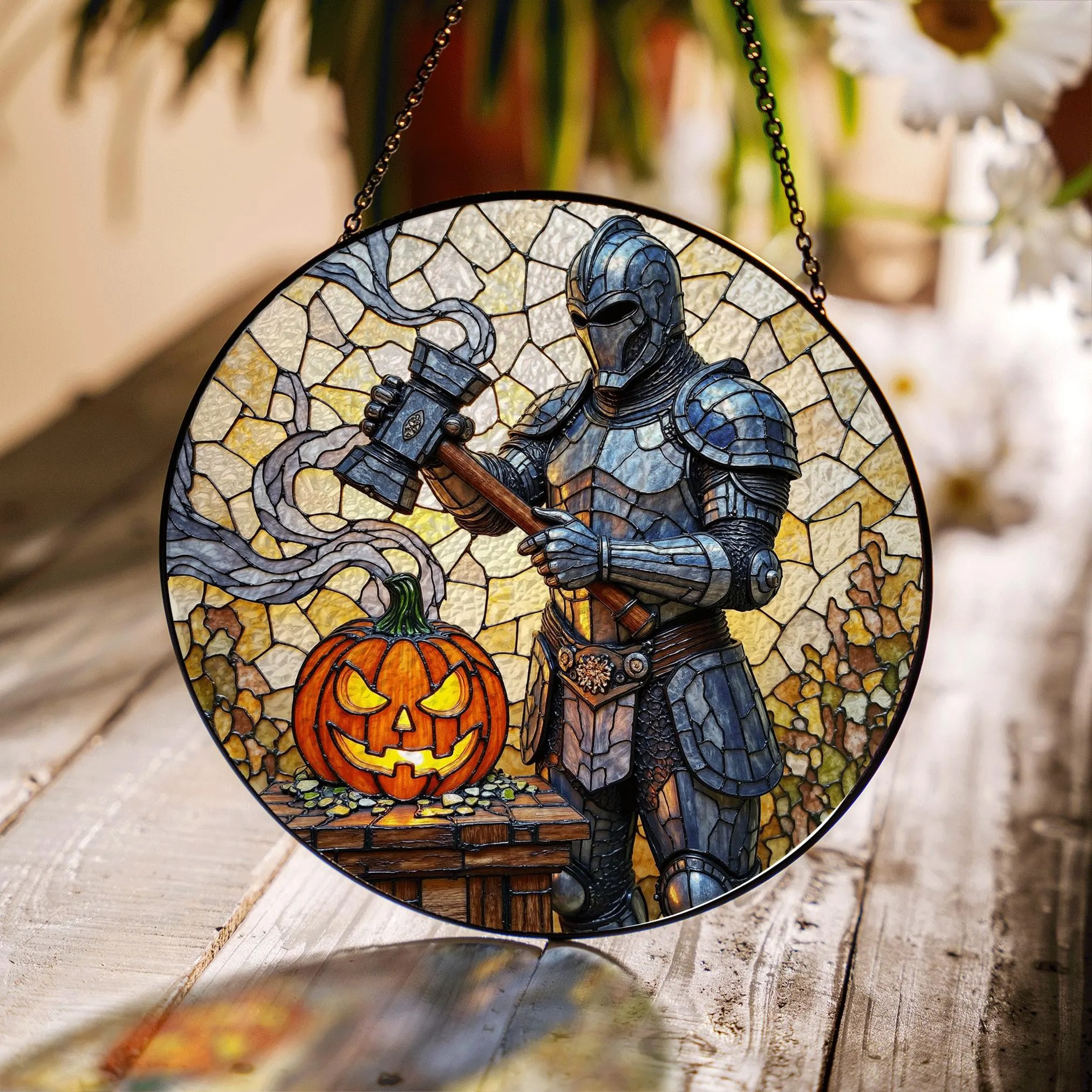 Suncatcher Stained Glass Knight With Pumpkin Halloween Gift - image 1