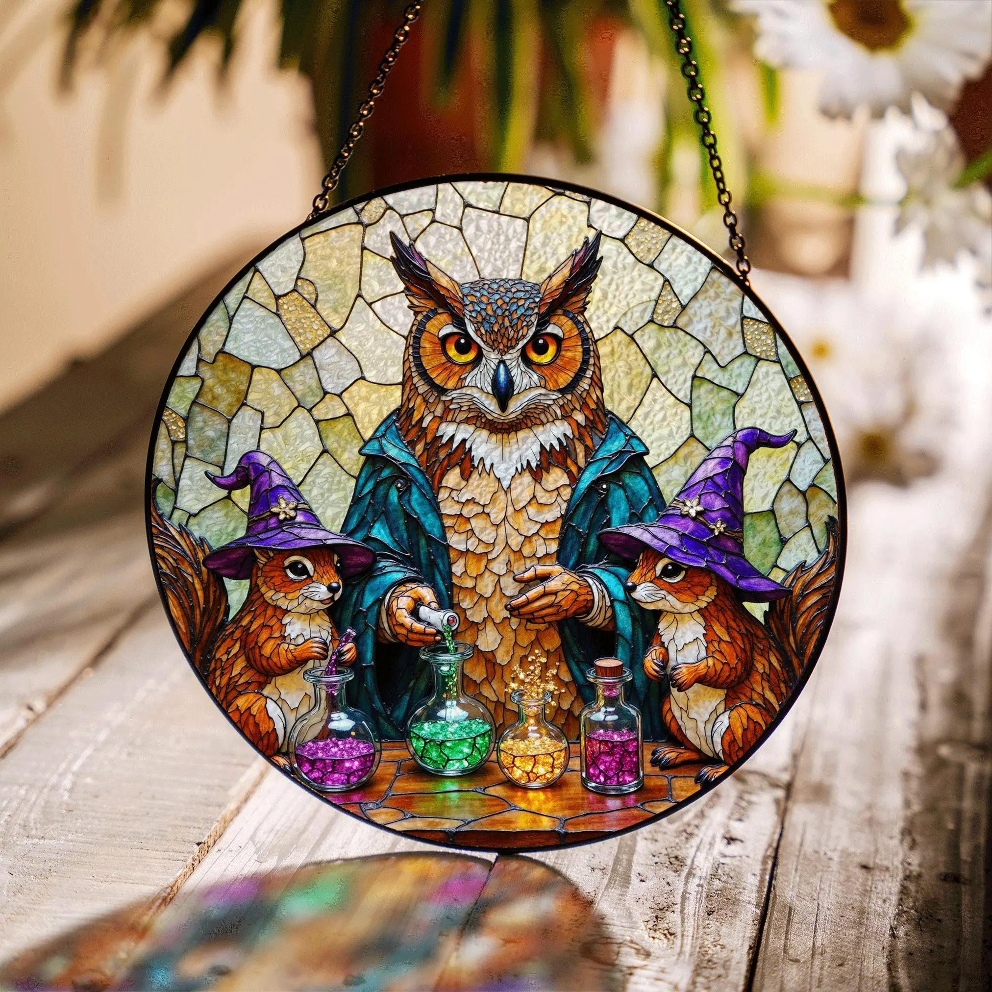 Suncatcher Stained Glass Owl With Potion Bottles Halloween Gift for Mom Christmas Gift - image 1
