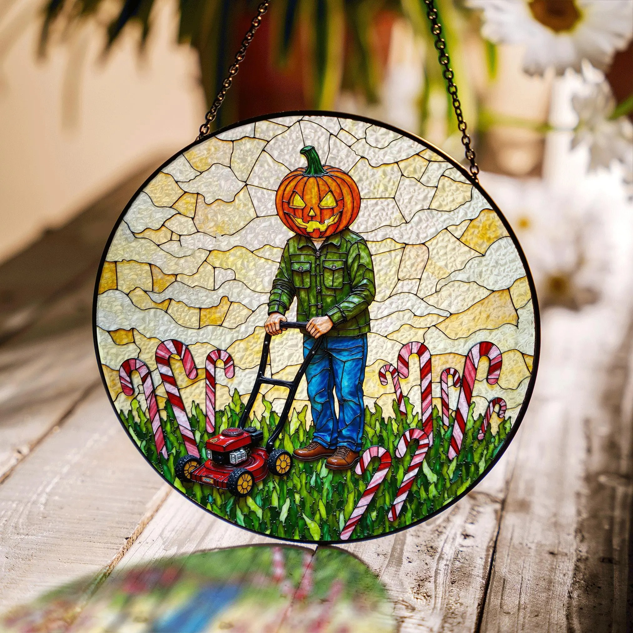 Suncatcher Stained Glass Pumpkin Head Man Mowing Candy Cane Field Halloween Gift Christmas Gift - image 1