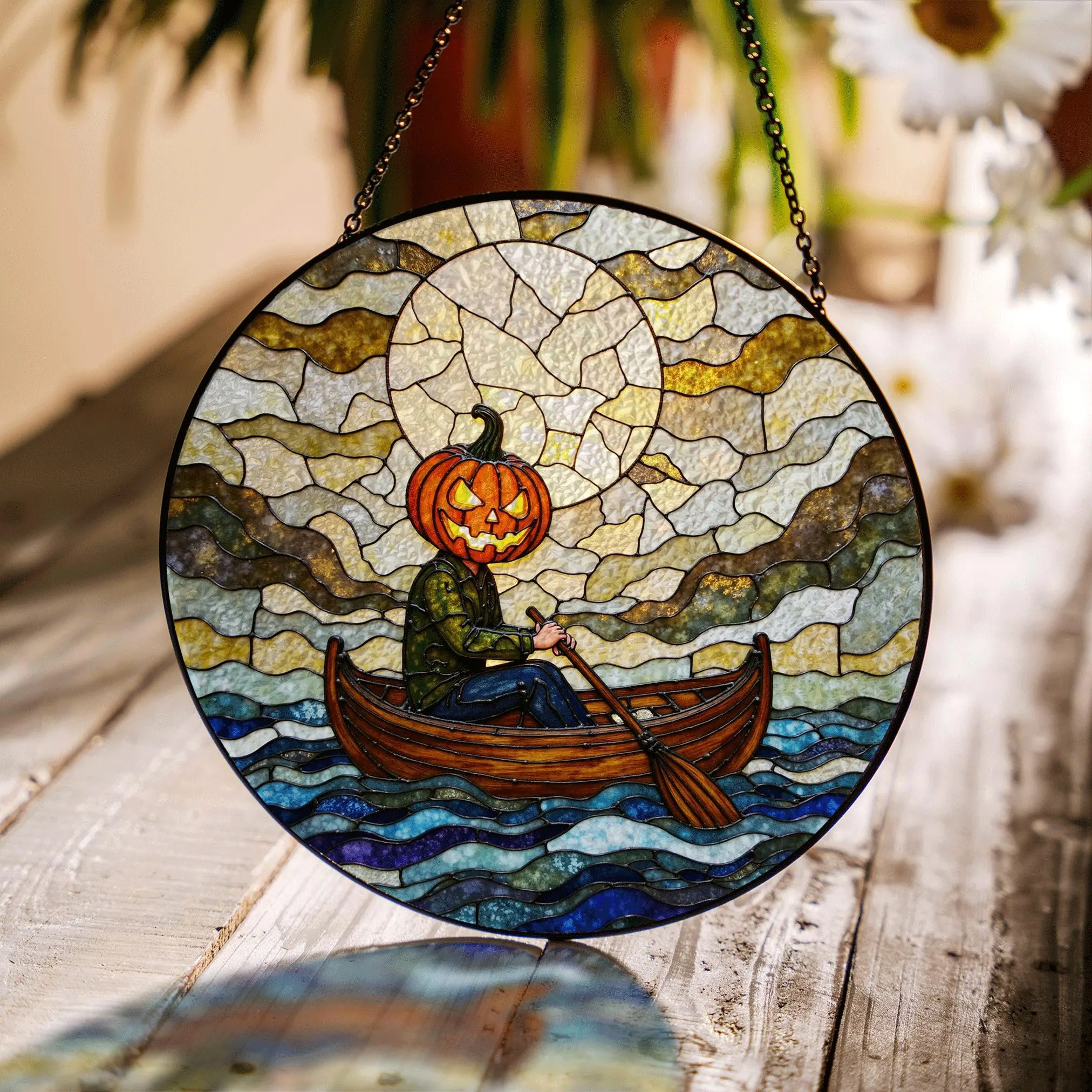 Suncatcher Stained Glass Pumpkin Head Rowing Boat Halloween Gift - image 1