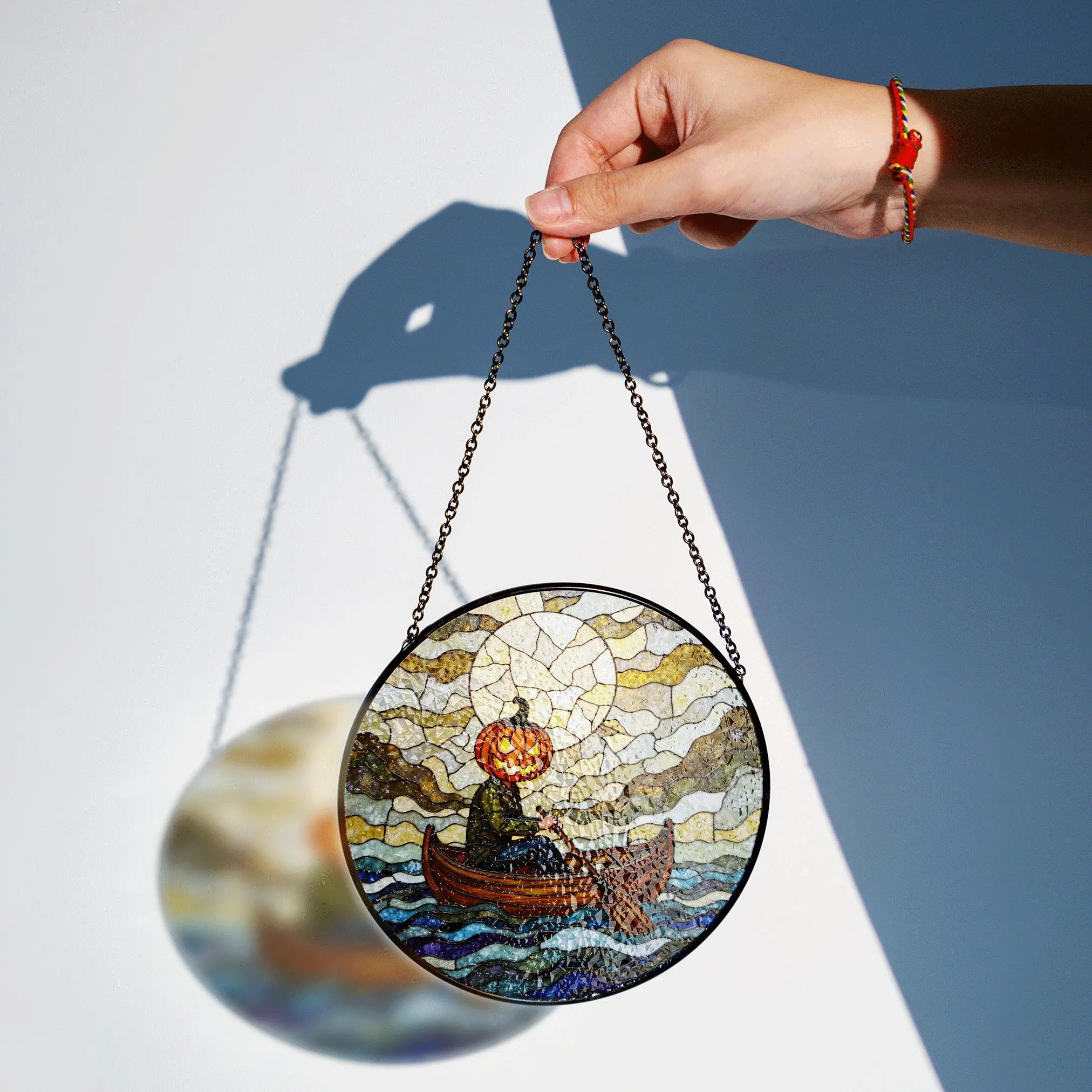 Suncatcher Stained Glass Pumpkin Head Rowing Boat Halloween Gift - image 2