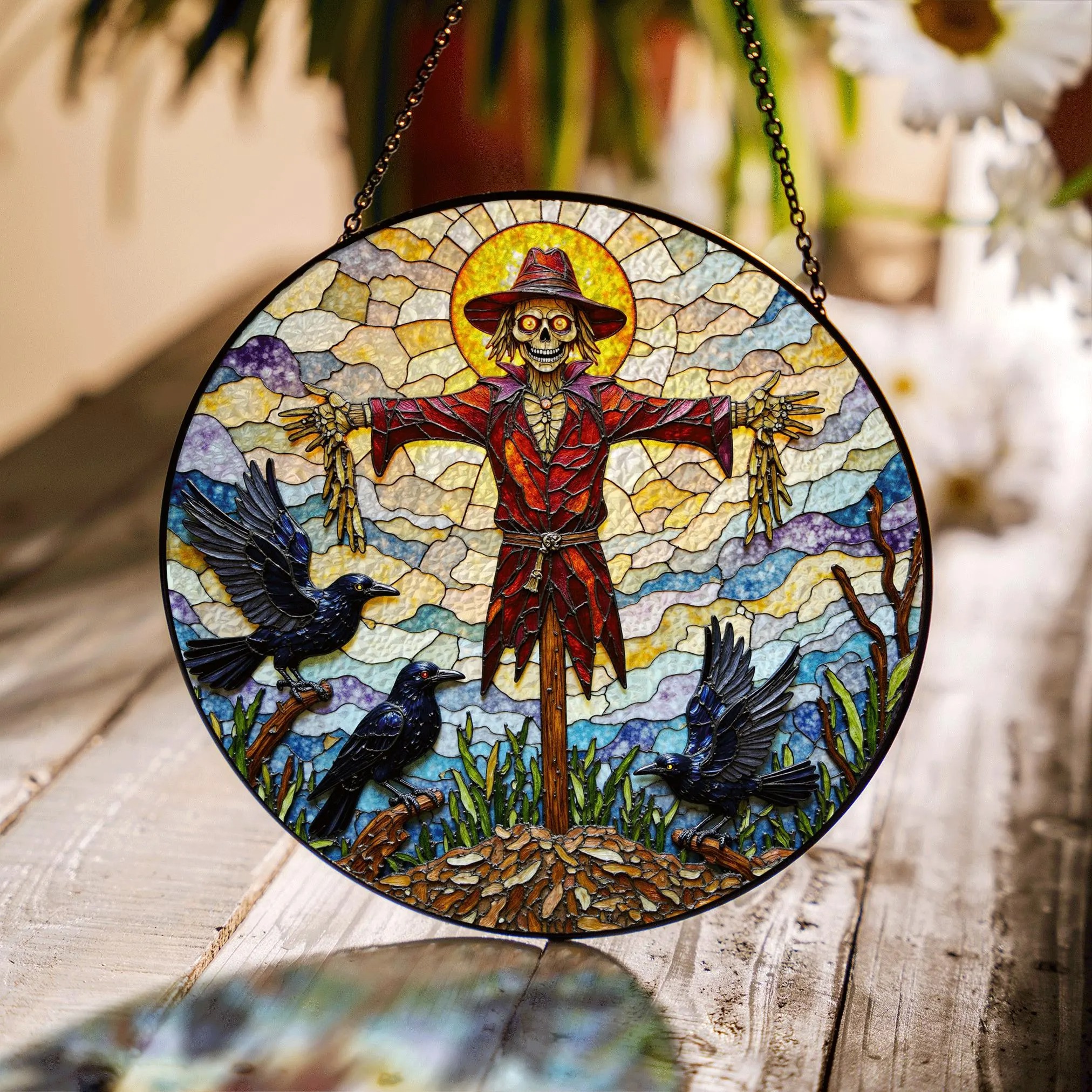 Suncatcher Stained Glass Scarecrow With Crows Halloween Gift for Mom Autumn Harvest Decor - image 1