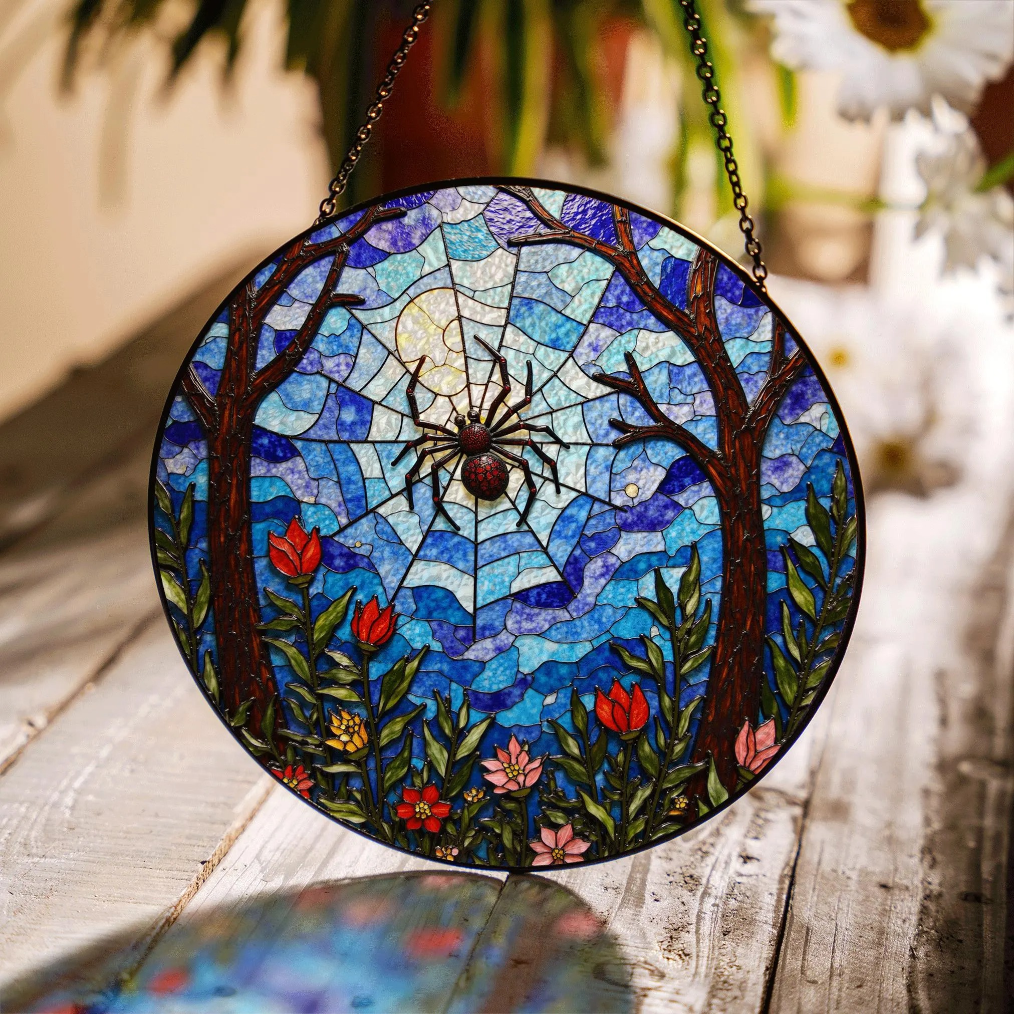 Suncatcher Stained Glass Spider Web Forest Flowers Gift for Mom Halloween Gift - image 1