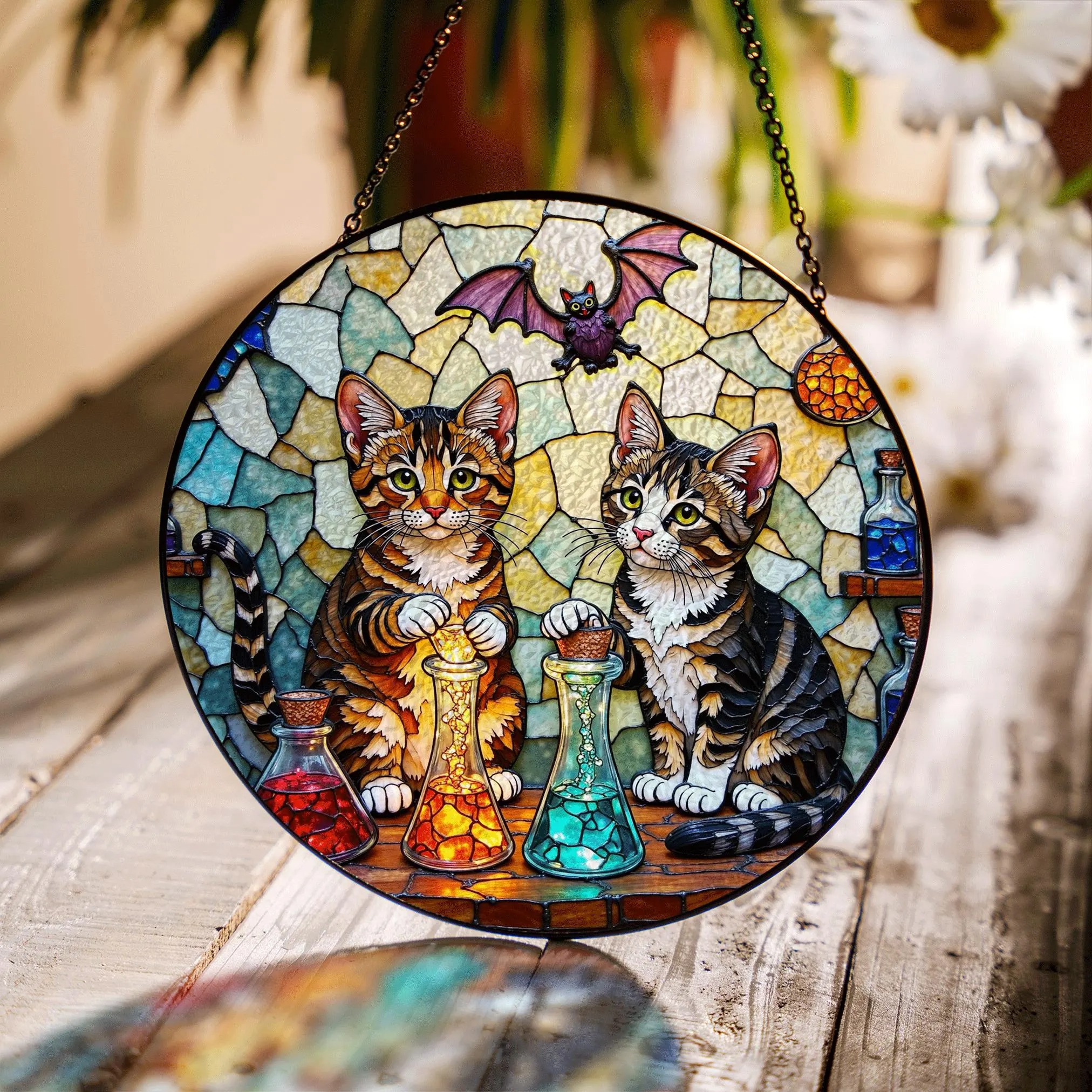 Suncatcher Stained Glass Tabby Cats With Potions Halloween Gift - image 1