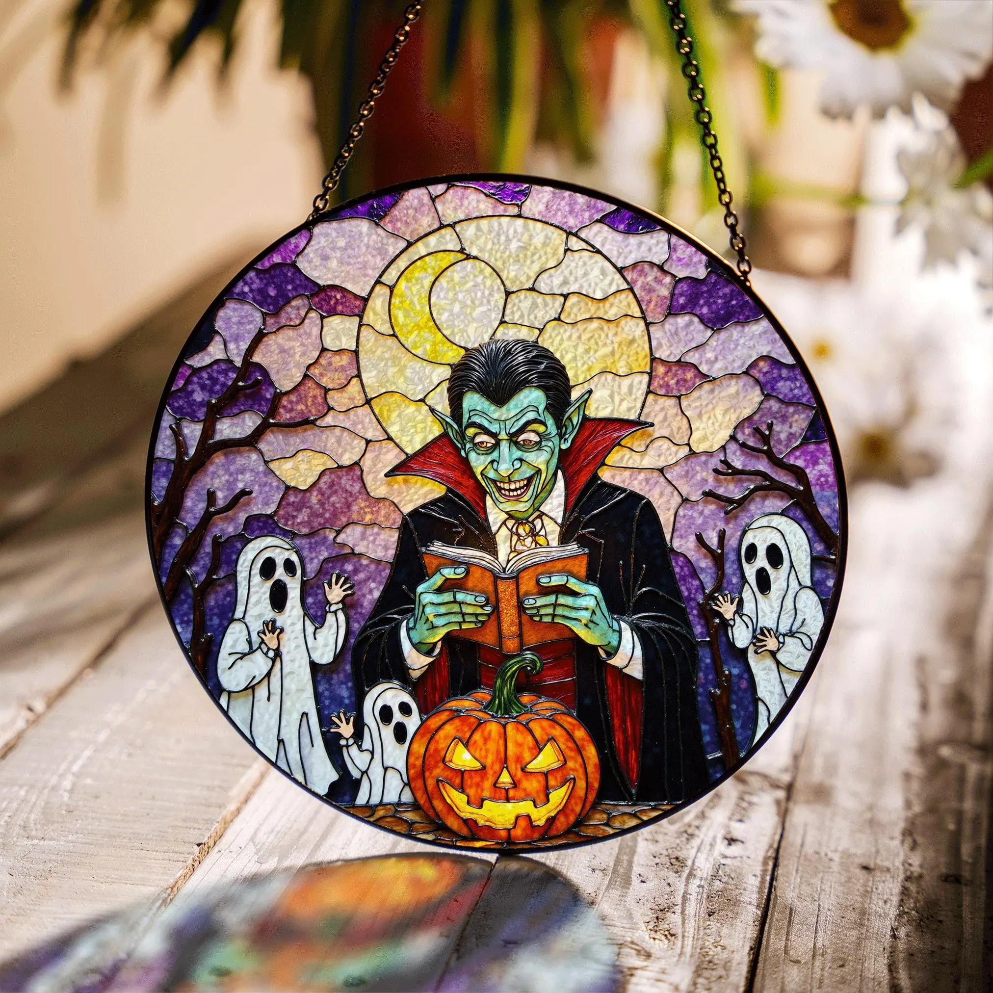Suncatcher Stained Glass Vampire Reading Pumpkin Halloween Gift - image 1