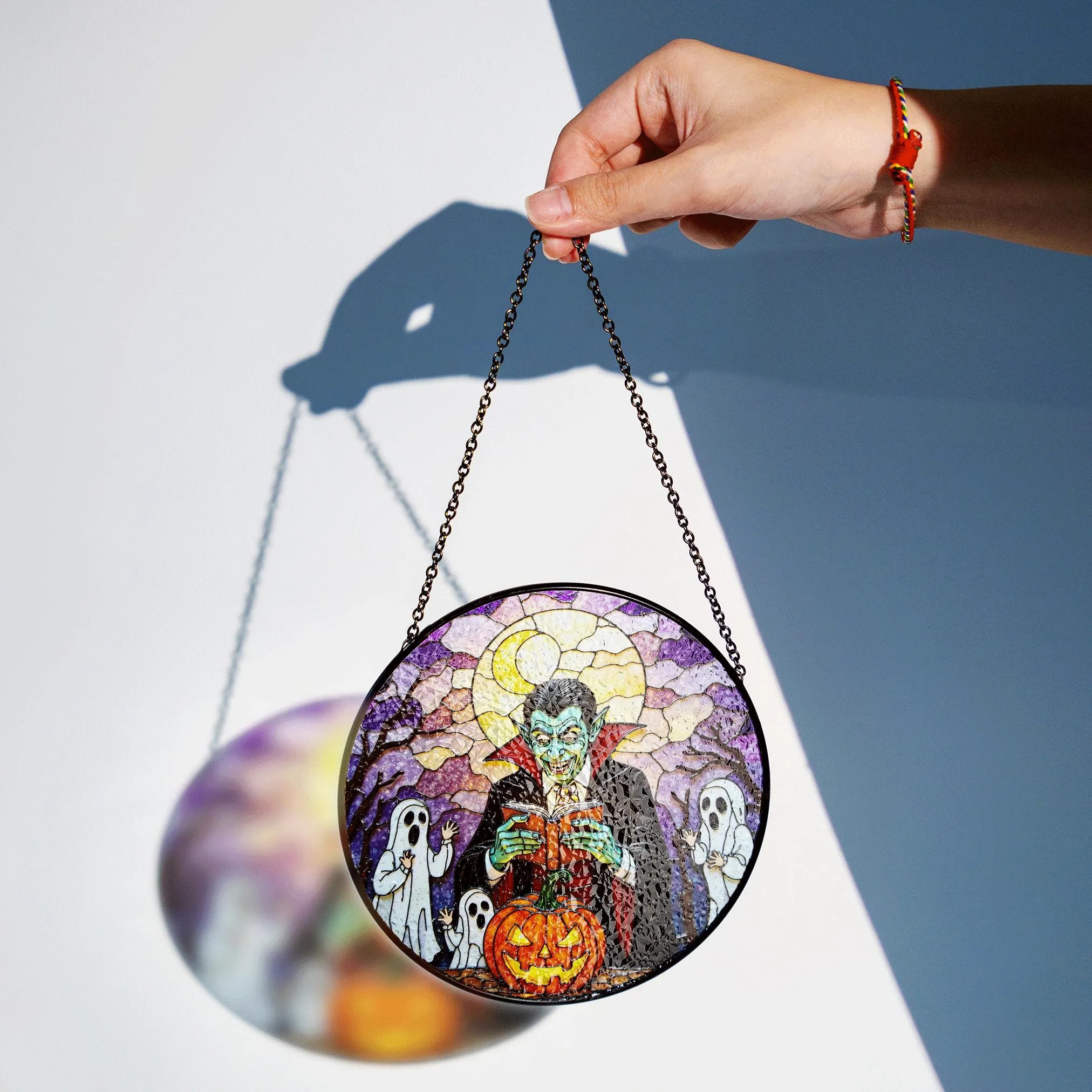 Suncatcher Stained Glass Vampire Reading Pumpkin Halloween Gift - image 2