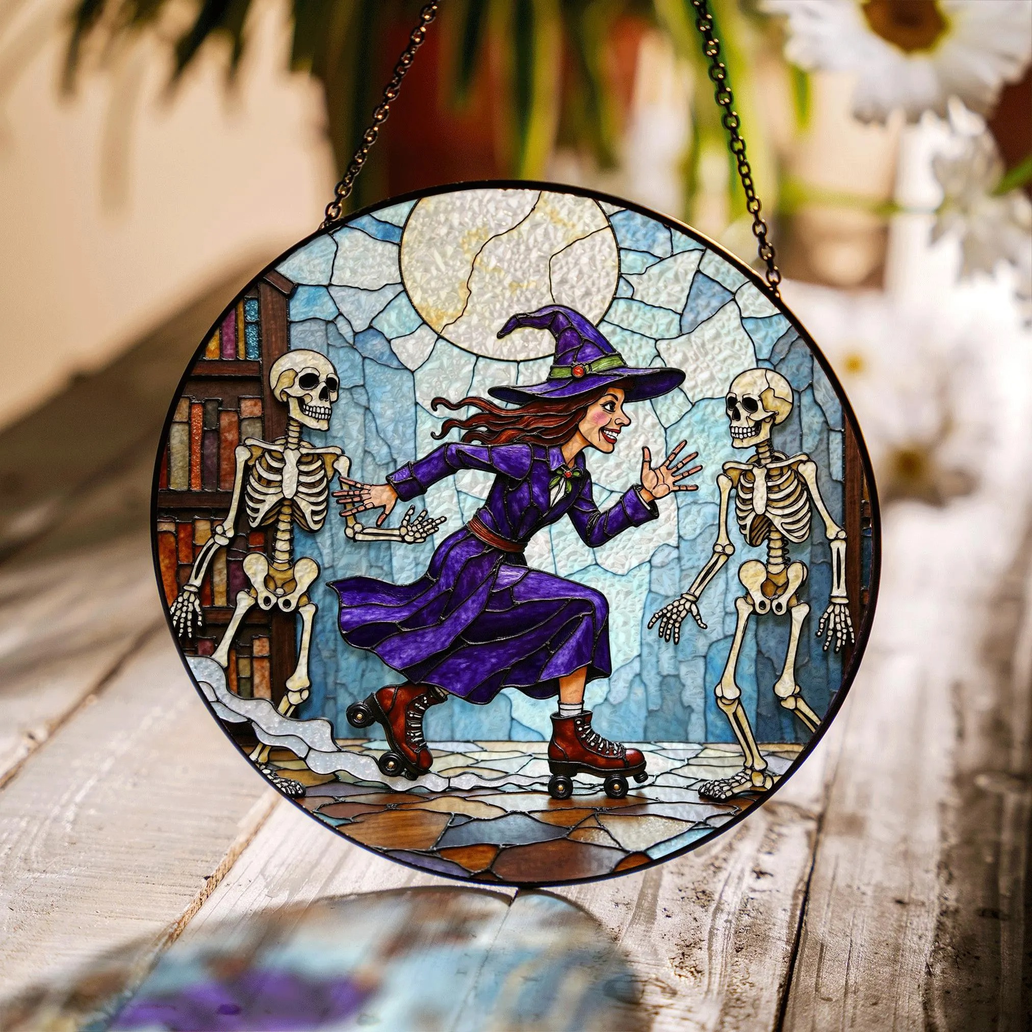 Suncatcher Stained Glass Witch Skating With Skeletons Halloween Gift - image 1