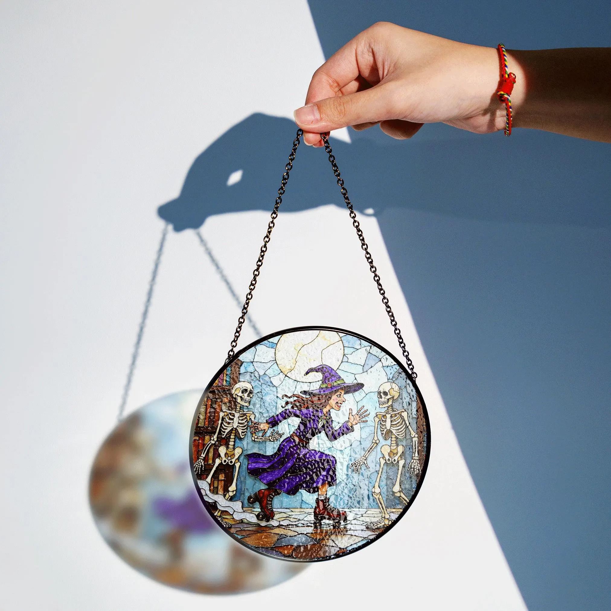 Suncatcher Stained Glass Witch Skating With Skeletons Halloween Gift - image 2