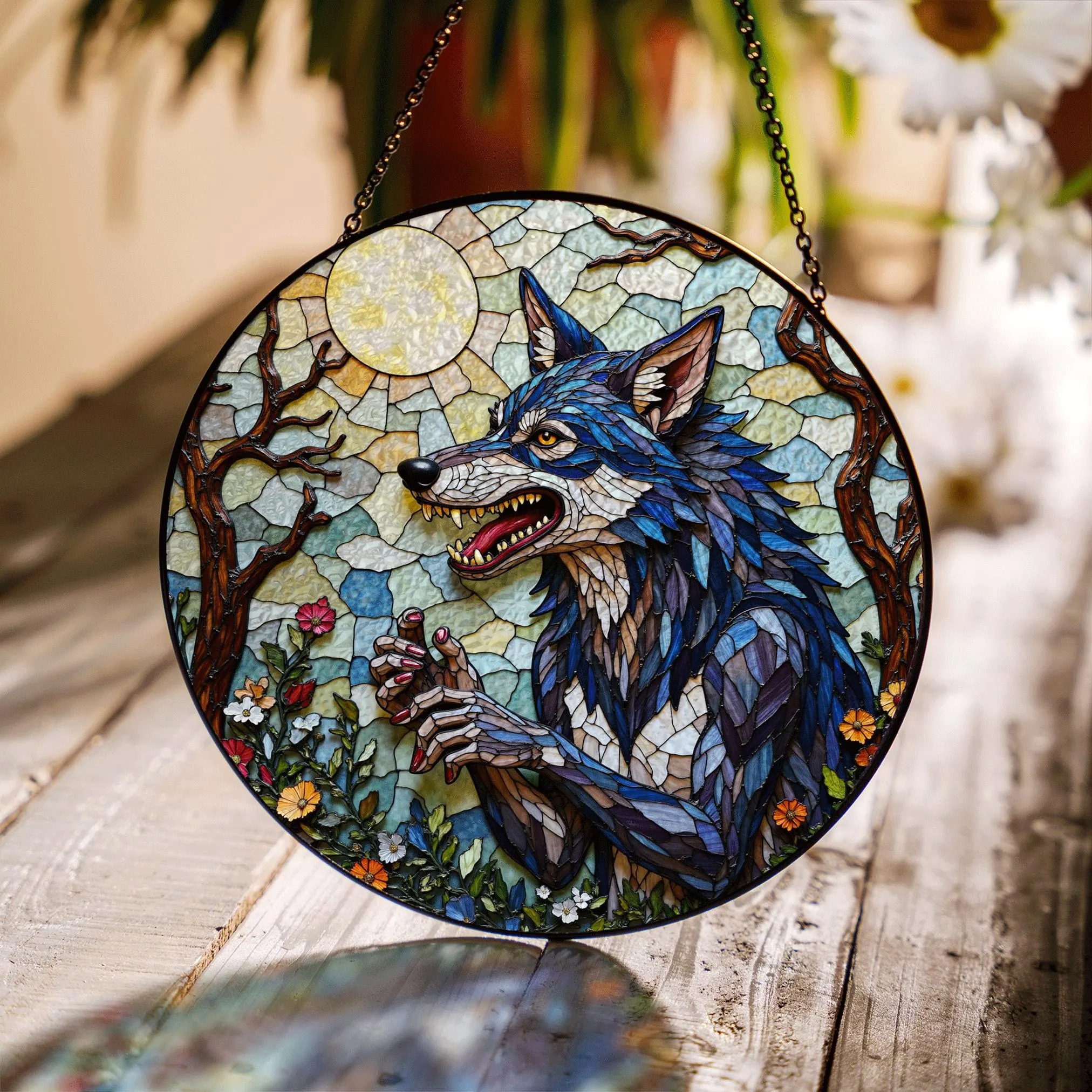 Suncatcher Stained Glass Wolf in Moonlit Forest Halloween Gift - image 1