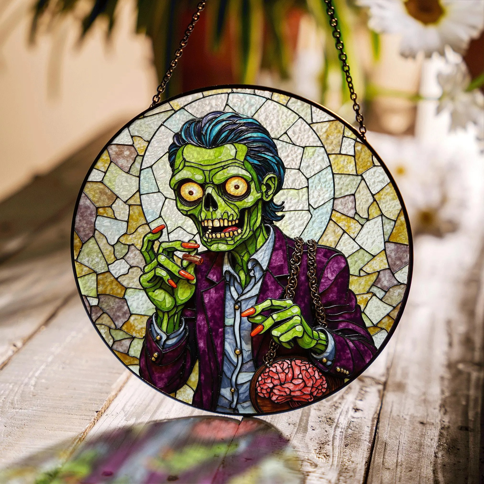 Suncatcher Stained Glass Zombie Holding Brain Halloween Gift for Horror Lover - image 1