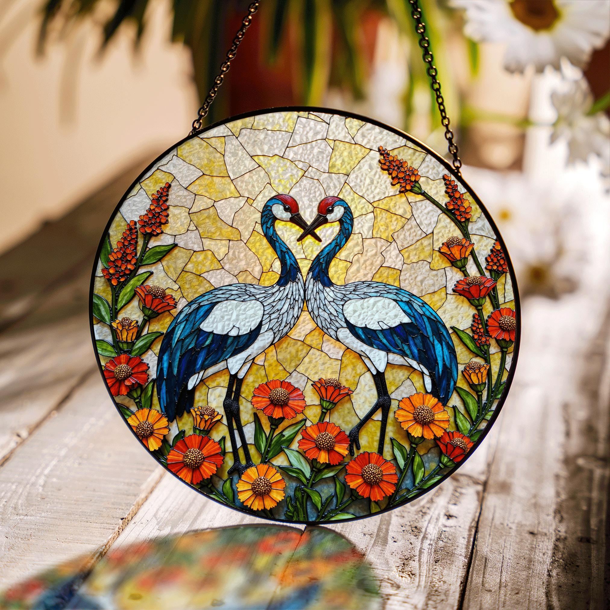 Two Cranes With Heart Shape Sun Catcher Stained Glass Window Decor Wedding Gift - image 1