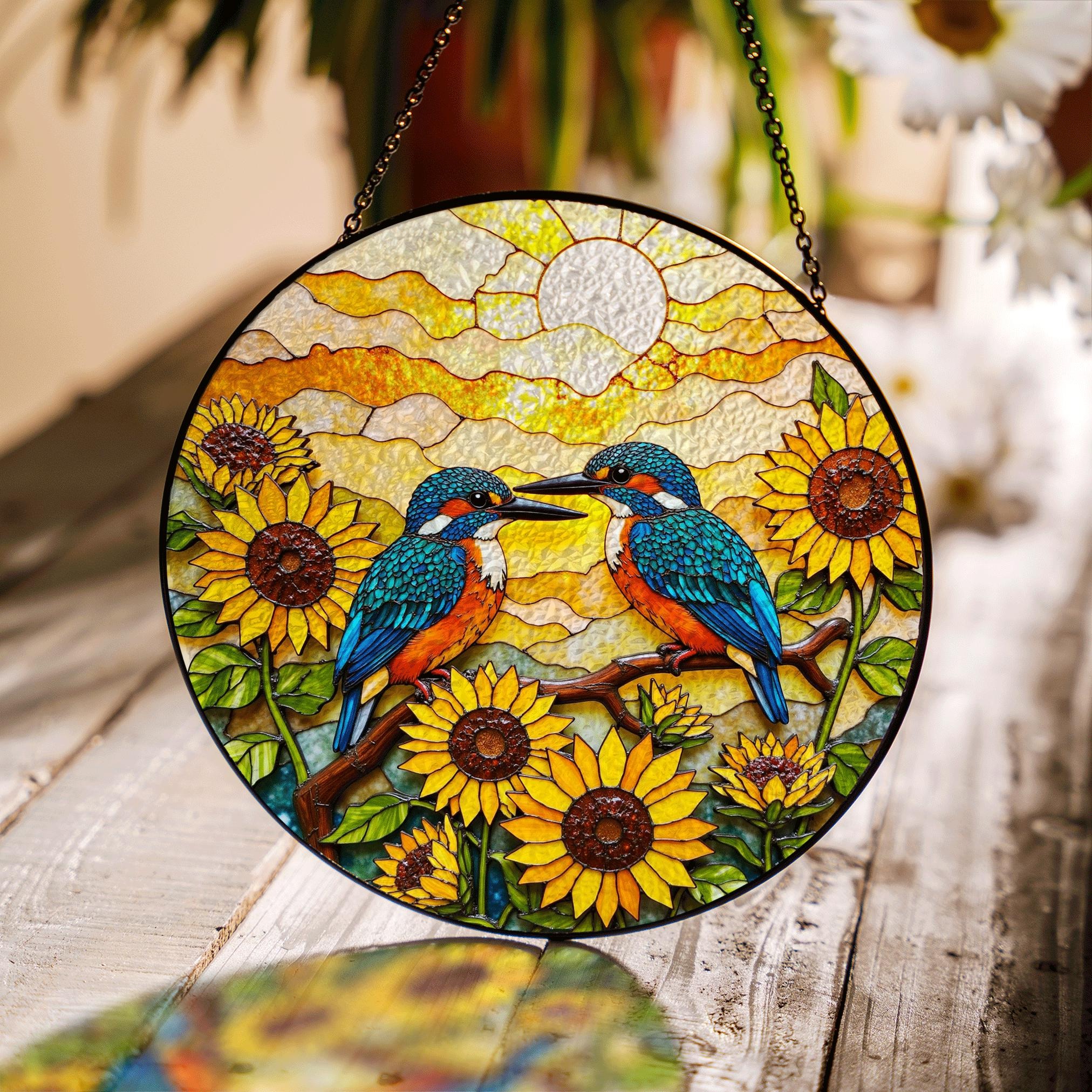 Two Kingfishers on Sunflower Branch Stained Glass Suncatcher Bird Window Decor Gift - image 1