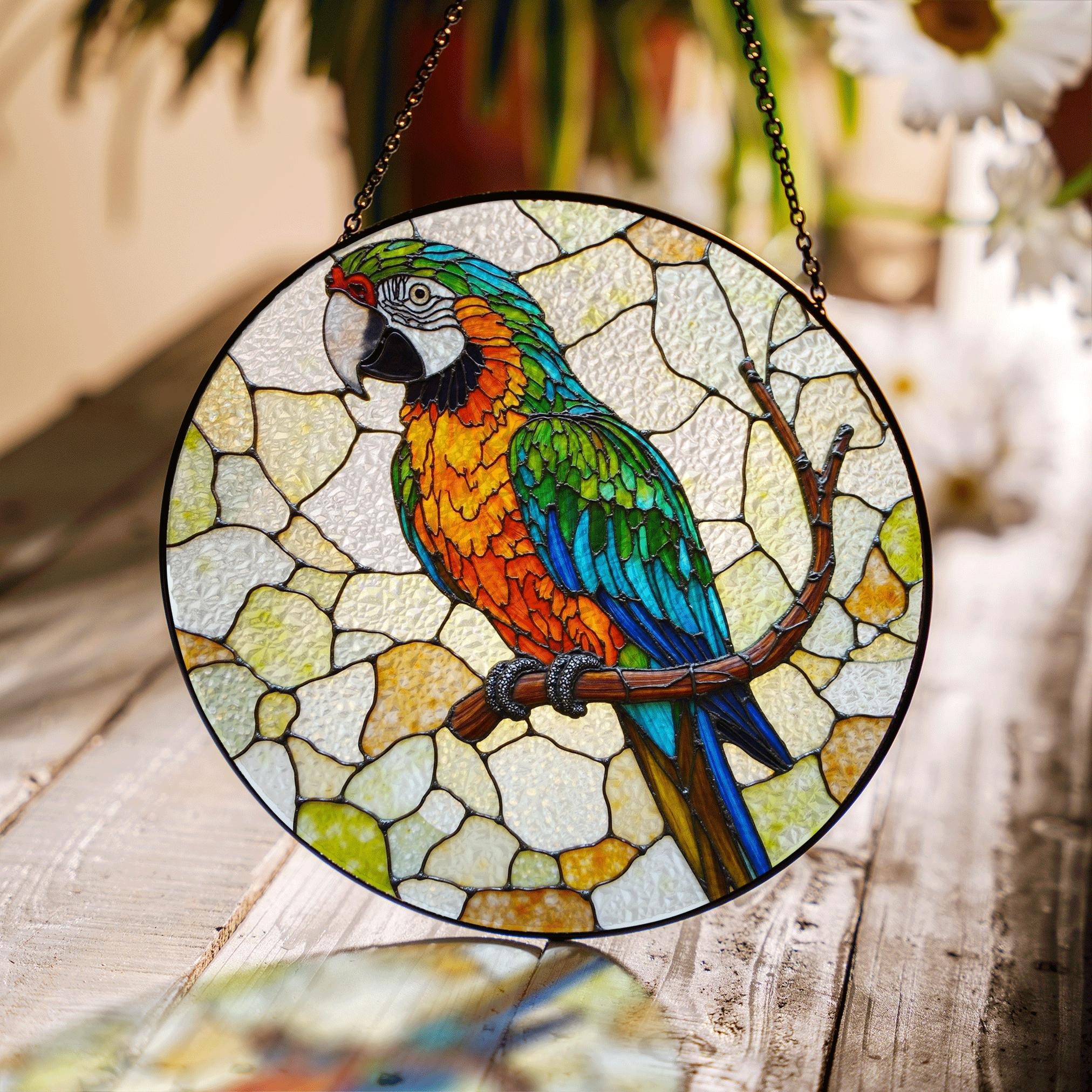 Vibrant Macaw on Branch Stained Glass Suncatcher Window Decor Gift for Bird Lover Birthday - image 1