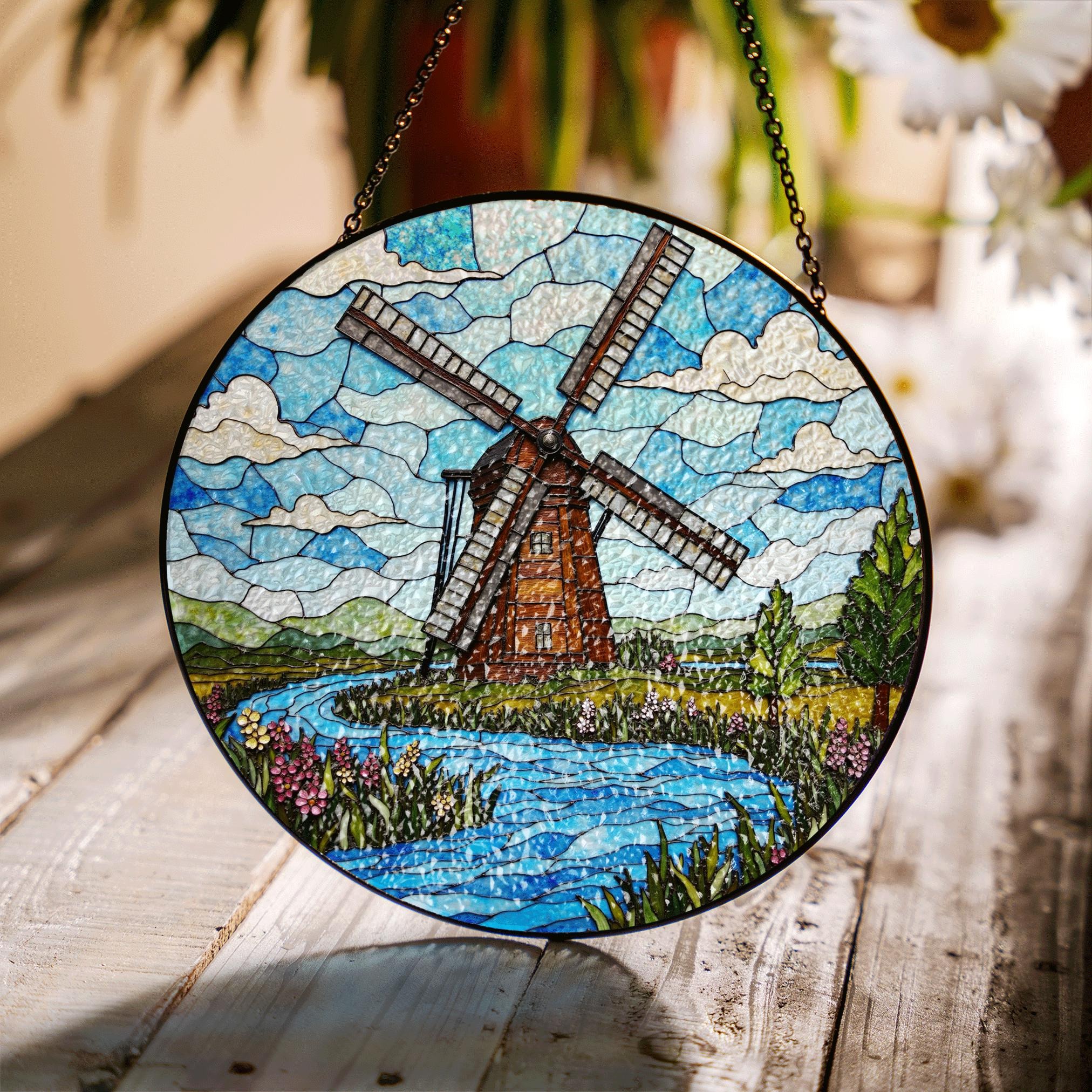 Windmill Stained Glass Suncatcher With River and Flowers Nature Gift for Garden Lovers - image 1