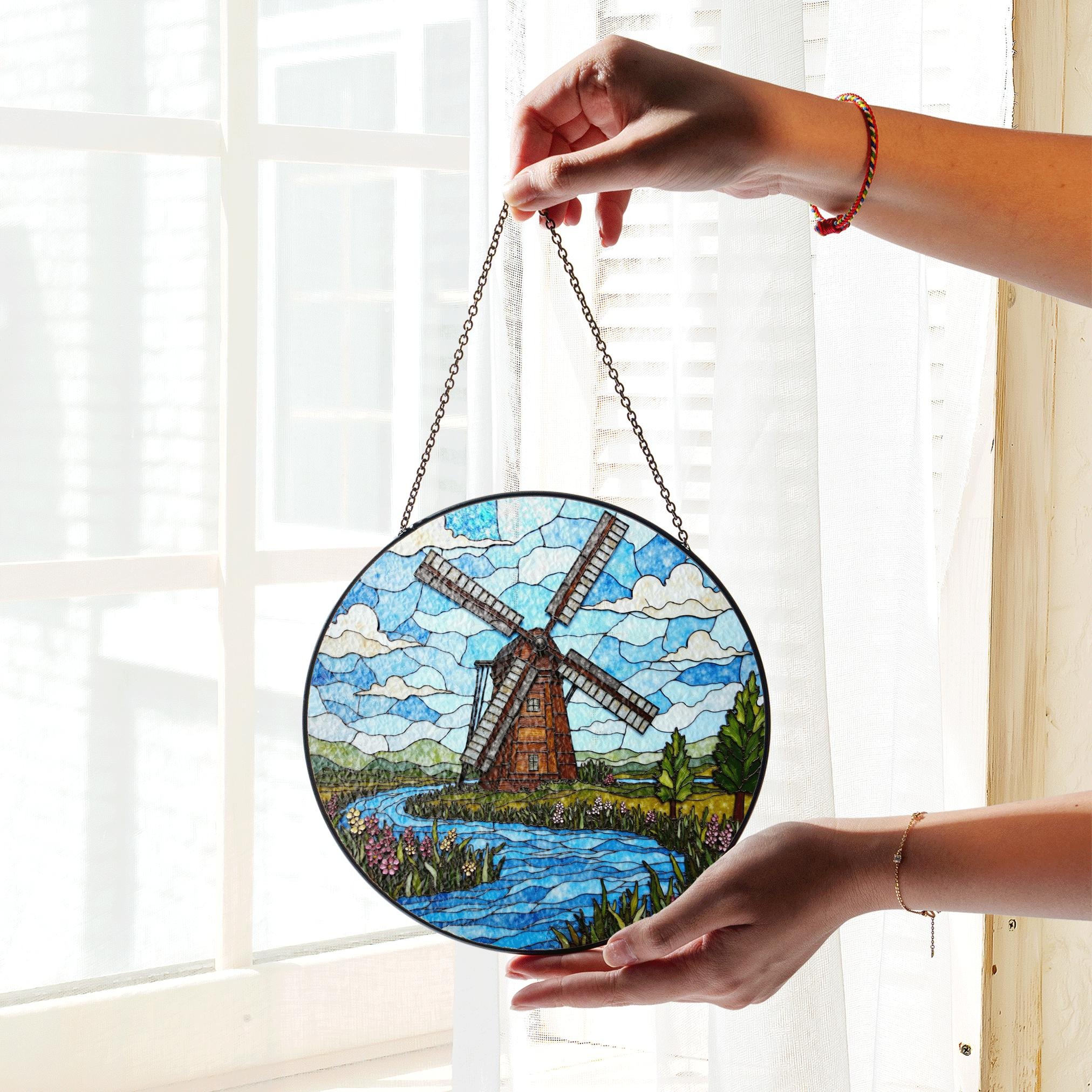 Windmill Stained Glass Suncatcher With River and Flowers Nature Gift for Garden Lovers - image 3