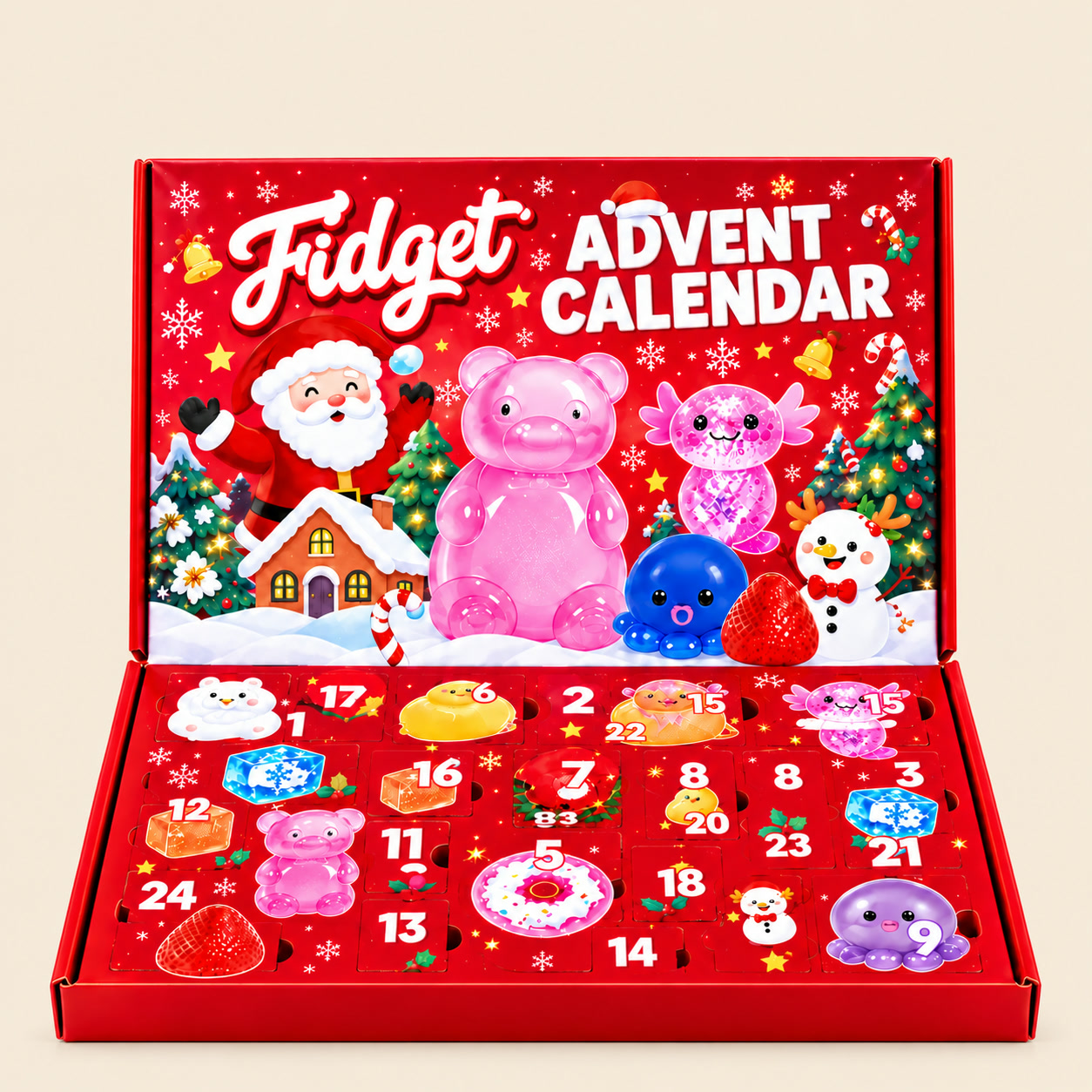 Open red advent calendar with numbered surprise doors