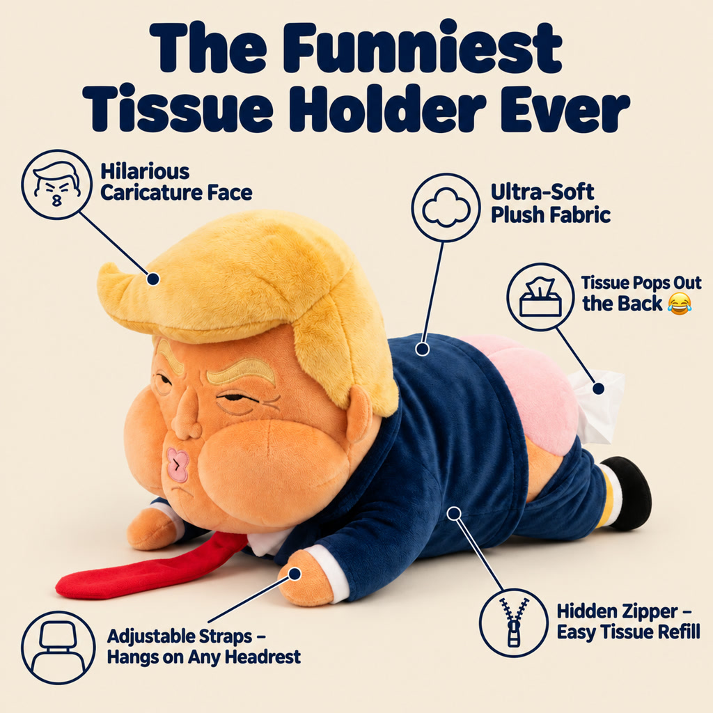 Plush tissue holder features including soft fabric hidden zipper and hanging straps