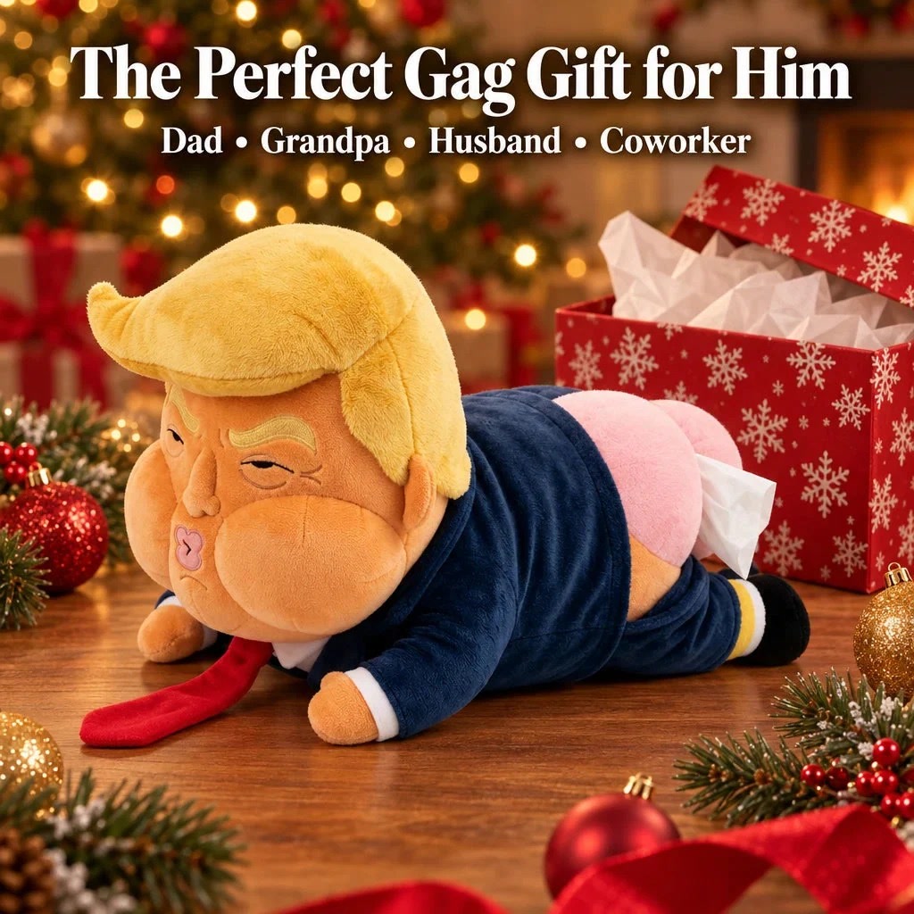 Novelty plush tissue holder displayed with Christmas gifts
