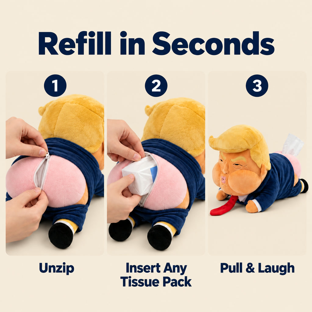 Three refill steps unzip insert a tissue pack and feed the first tissue through