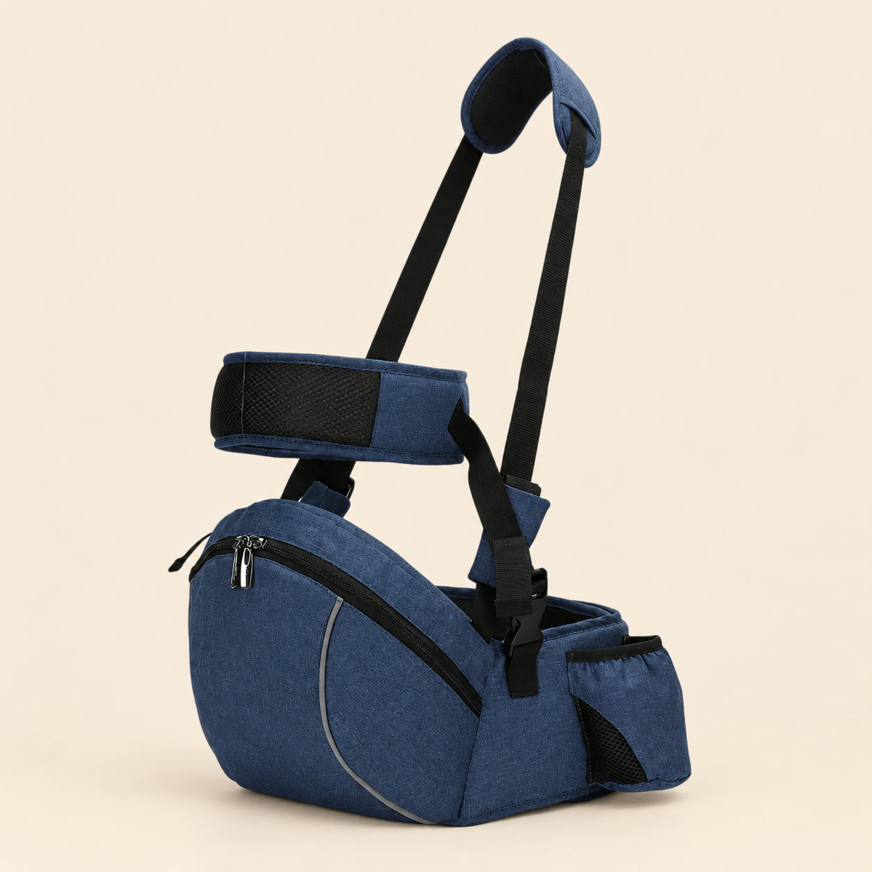 Denim Blue Pro hip seat with shoulder strap and child support strap