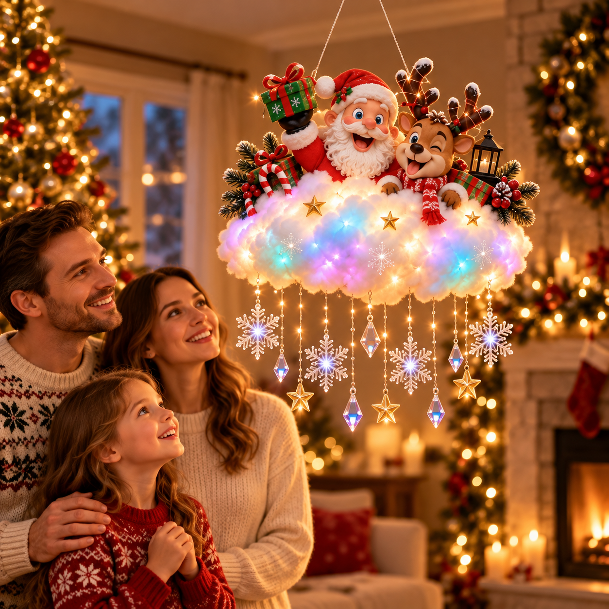 🔥LAST DAY 50% OFF🔥 Light-Up Christmas Village Cloud Hanging Decoration with Santa, Snowman & Reindeer