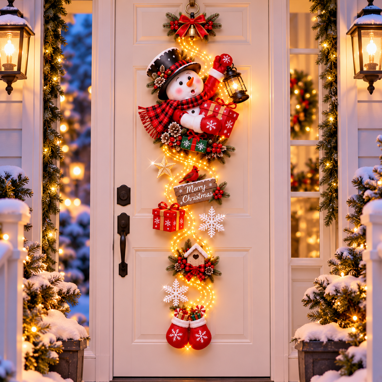 🔥 LAST DAY 50% OFF 🔥 Lighted Snowman Christmas Door Hanger – Waterproof Battery-Powered Cascading Holiday Decor