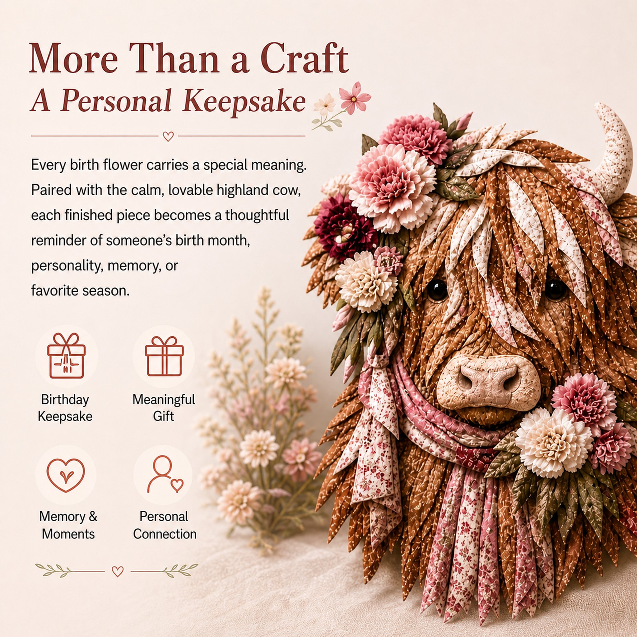 🔥LAST DAY 55% OFF - 🐮💐🌸 Birth Flower Highland Cow 3D Layered Fabric Art DIY Kit (Beginner-friendly) 🔥 Buy 2 Free Shipping