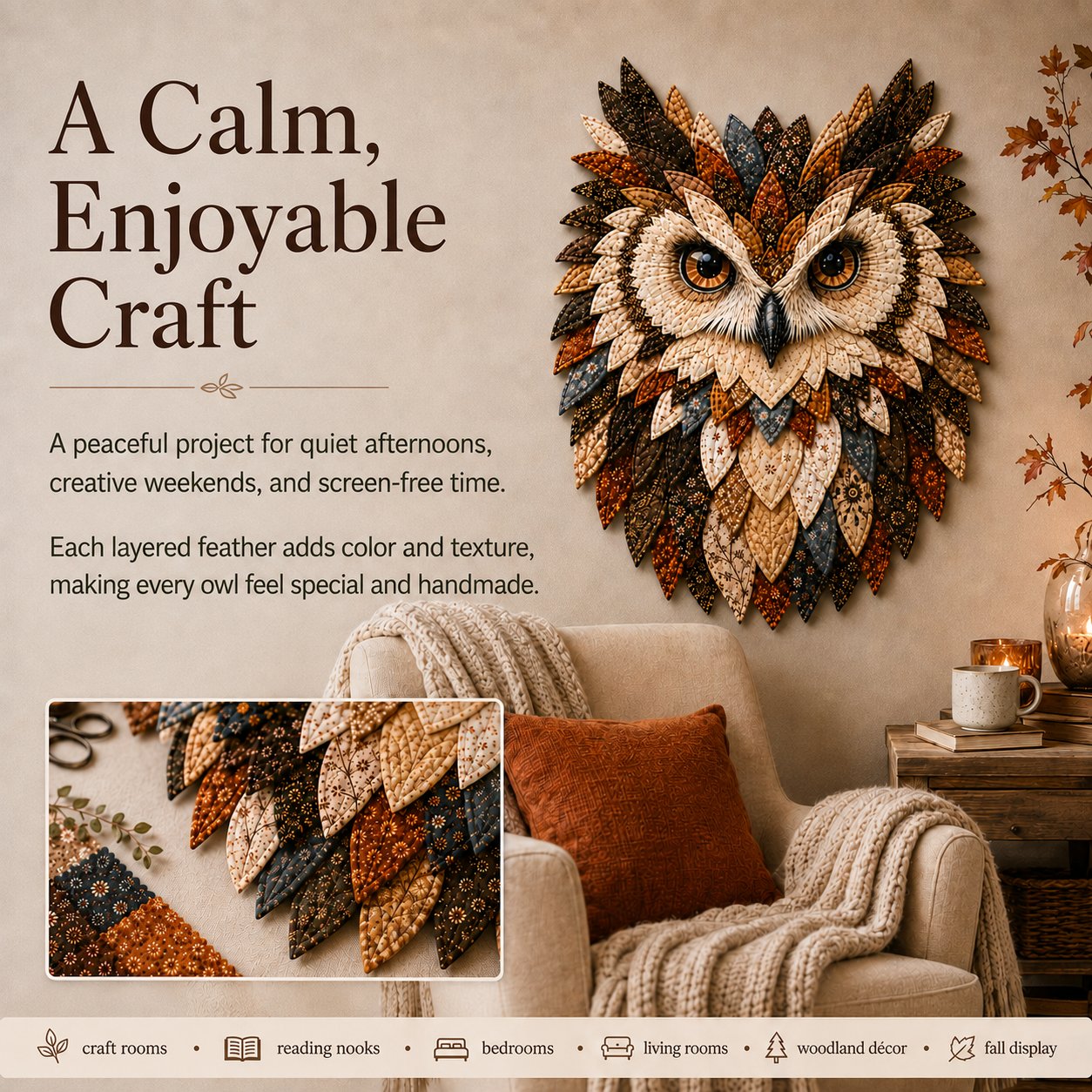 💥 LAST DAY 49% OFF - 🦉 Layered Fabric Owl Wall Art DIY Kit – Complete Kit Included ✂ Pre-Cut Pieces • Glue or Stitch Your Way