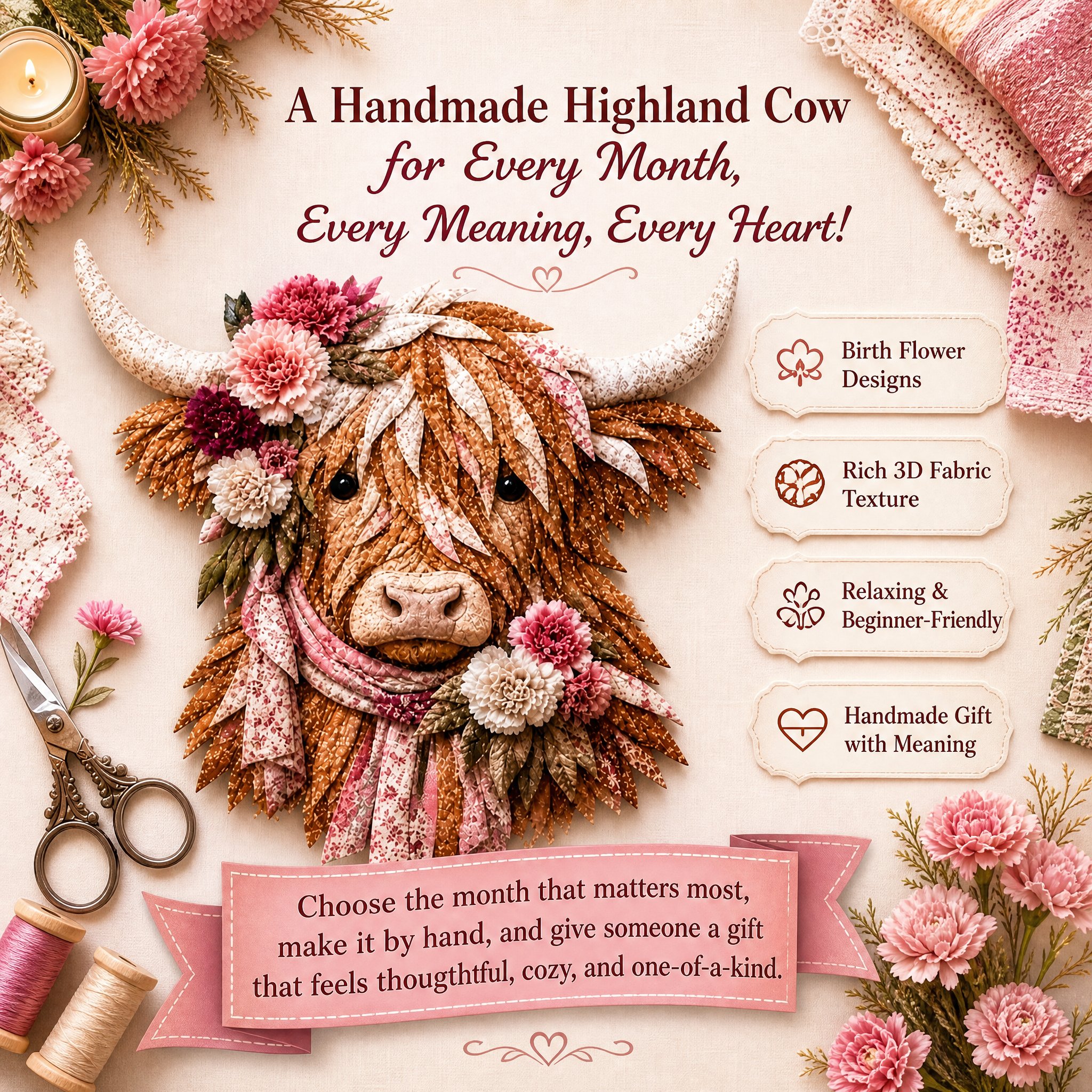 🔥LAST DAY 55% OFF - 🐮💐🌸 Birth Flower Highland Cow 3D Layered Fabric Art DIY Kit (Beginner-friendly) 🔥 Buy 2 Free Shipping