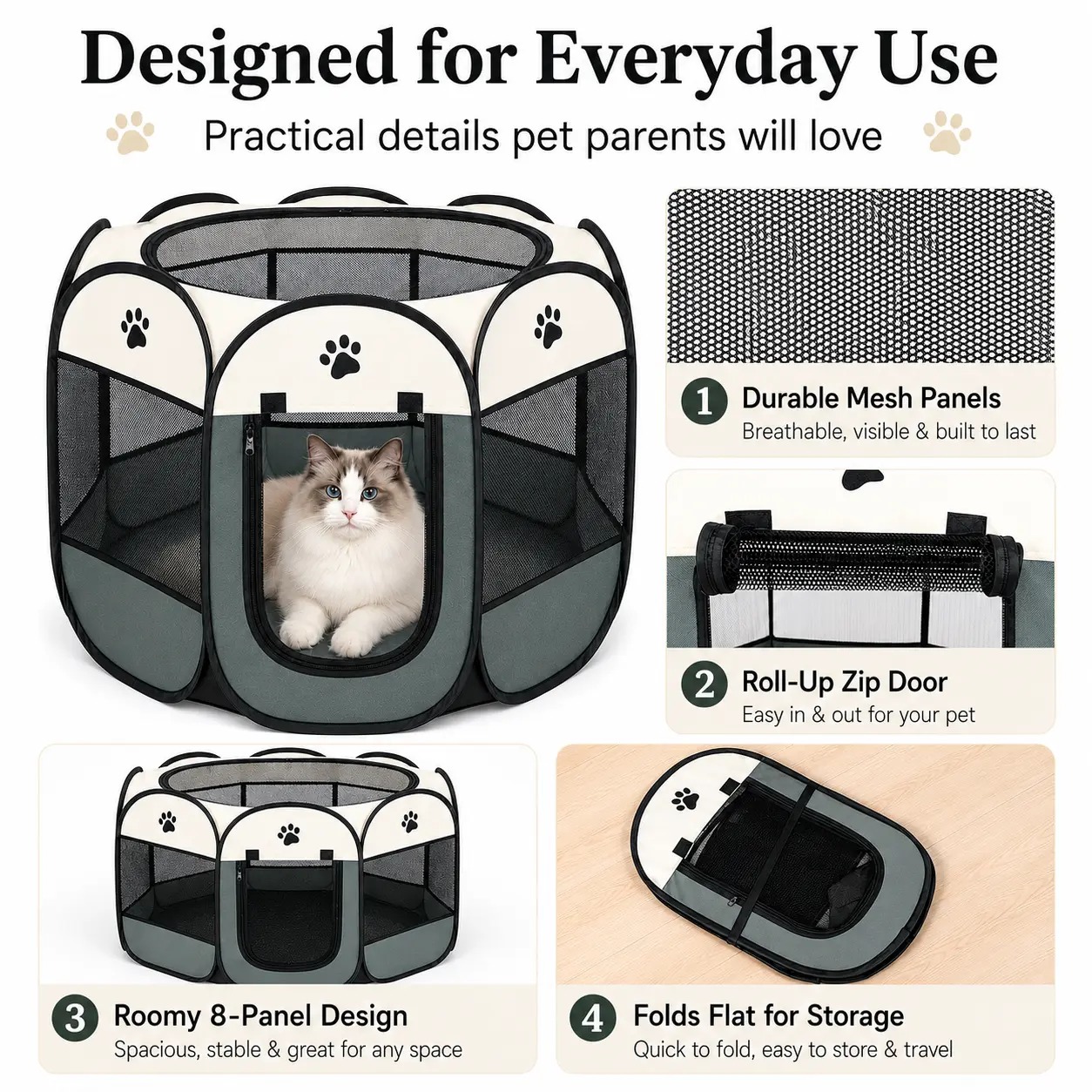Heeipaw Dog Cat Playpen, Puppy Pet Playpen Indoor for Small Dogs Tent Crates Cage Outdoor