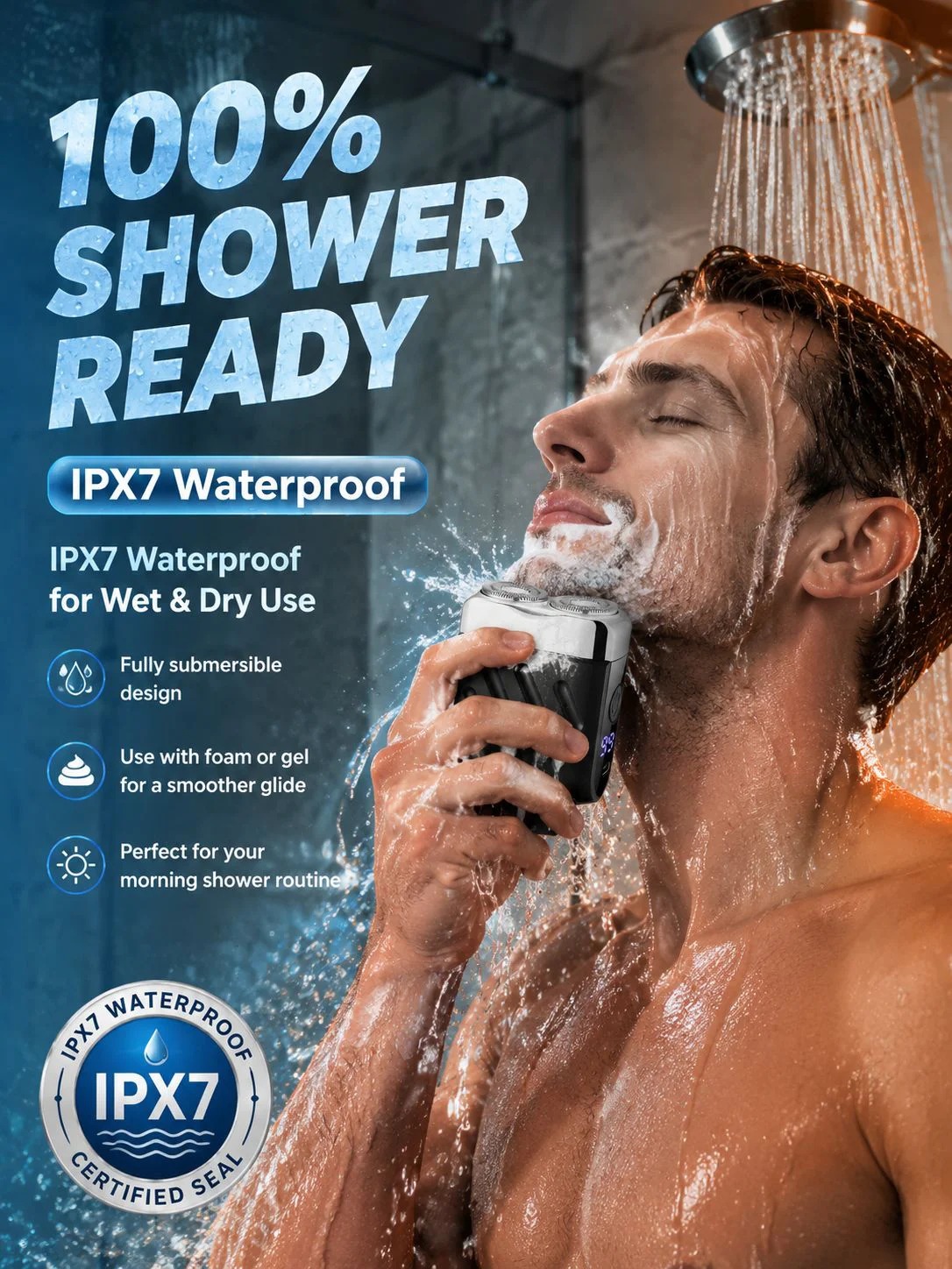 IPX7 waterproof shaver ready for wet and dry use