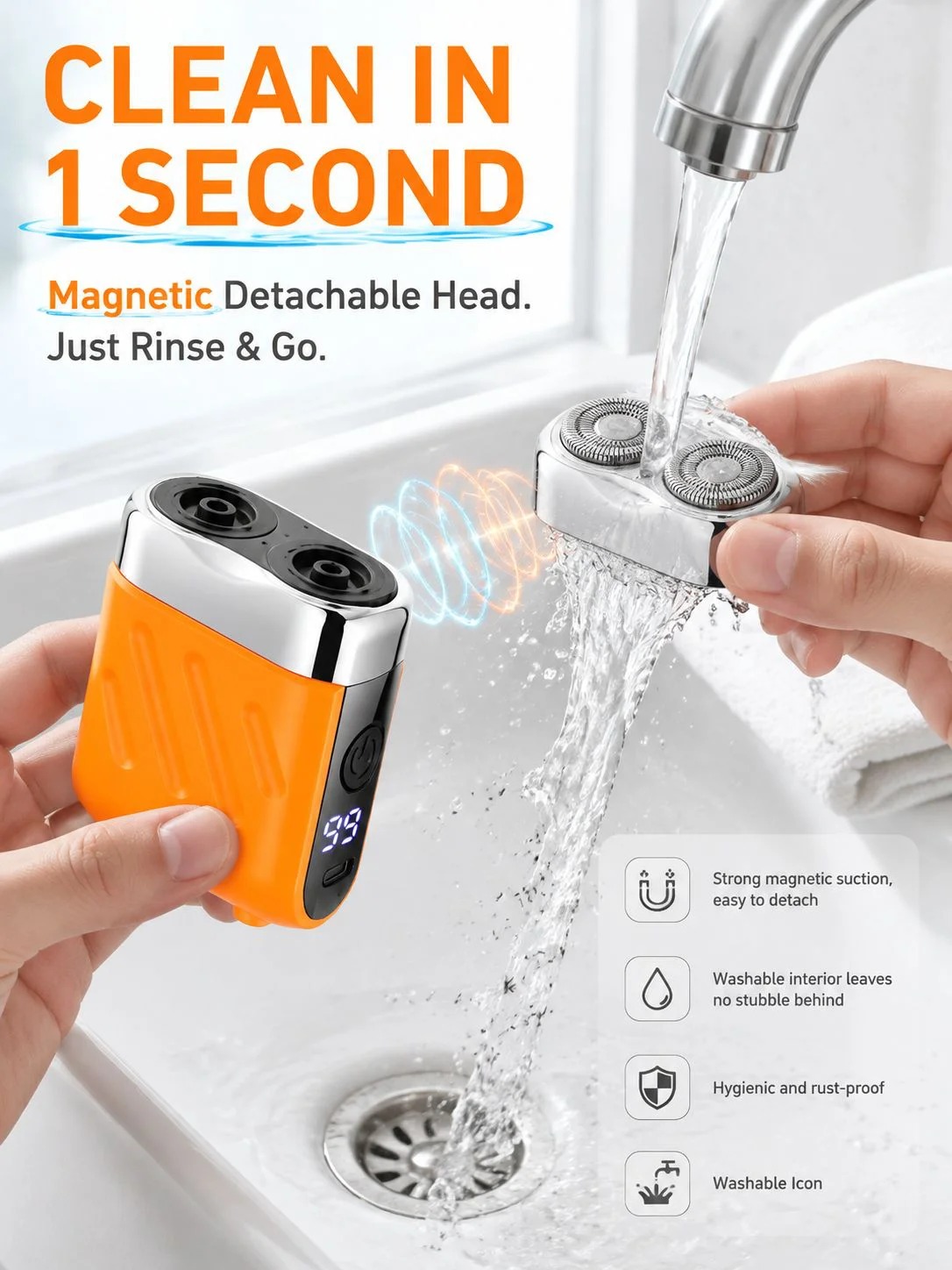 Magnetic detachable shaving head for easy rinsing