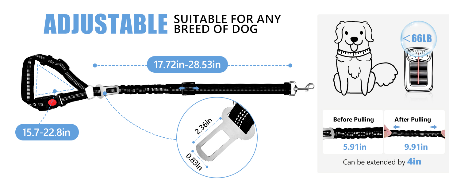 Heeipaw Reflective Dog Car Seat Belt, Adjustable Elastic Bungee Safety Tether With Seat Buckle Clip For Pet Travel