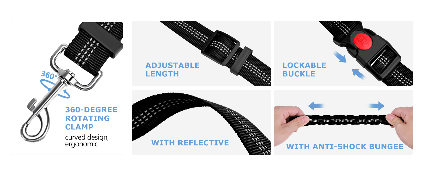 Heeipaw Reflective Dog Car Seat Belt, Adjustable Elastic Bungee Safety Tether With Seat Buckle Clip For Pet Travel