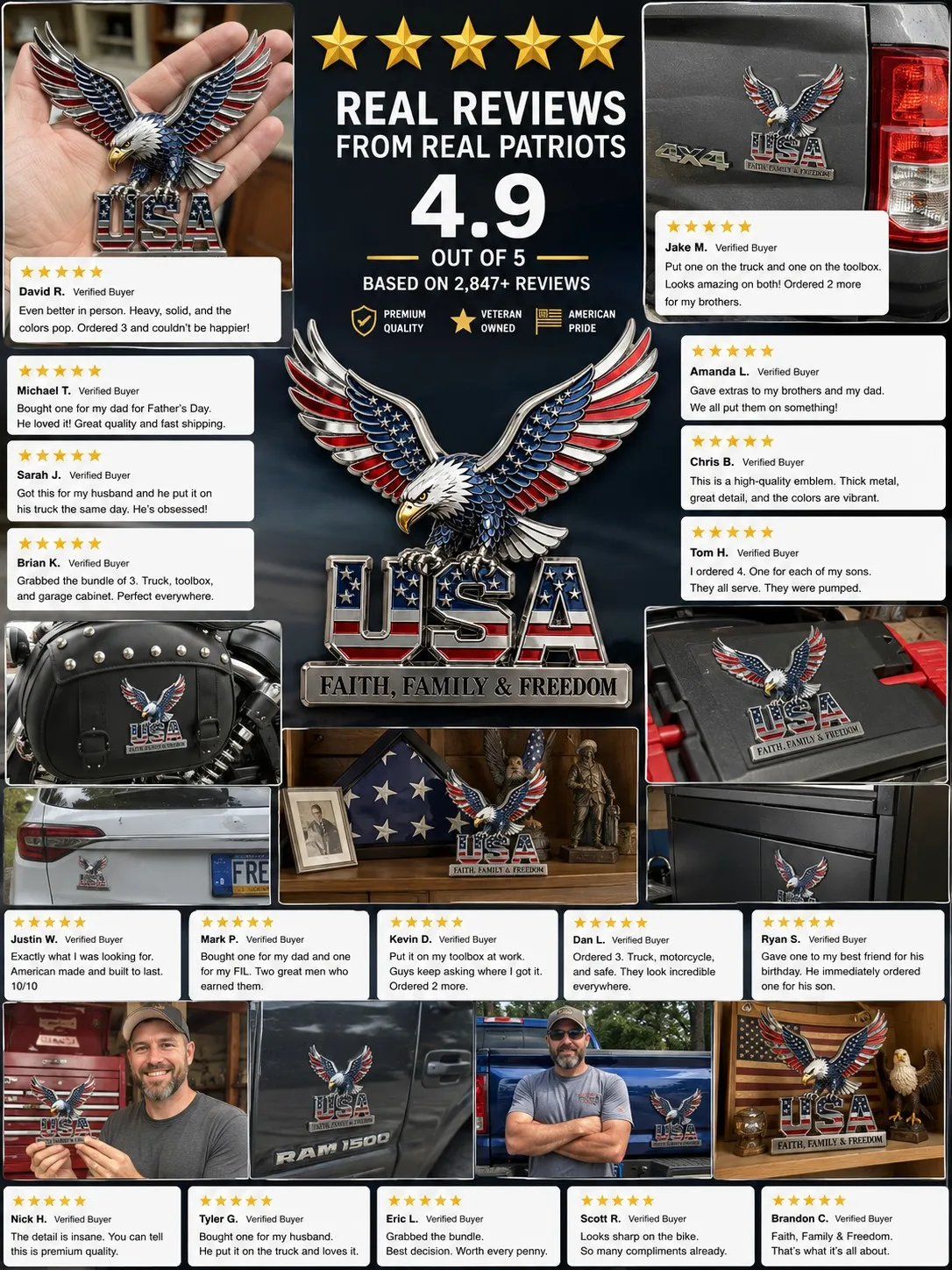 Customer review collage for patriotic eagle emblem