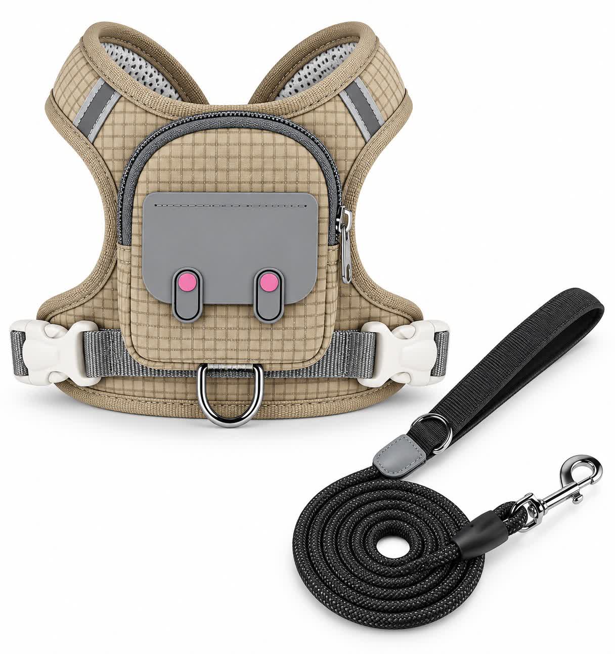 Cute Backpack Dog Harness Leash Included, Reflective Soft Pet Vest for Small Medium Dogs Cats, Adjustable Walking Harness Set - Khaki - XL - 2pcs - image 4